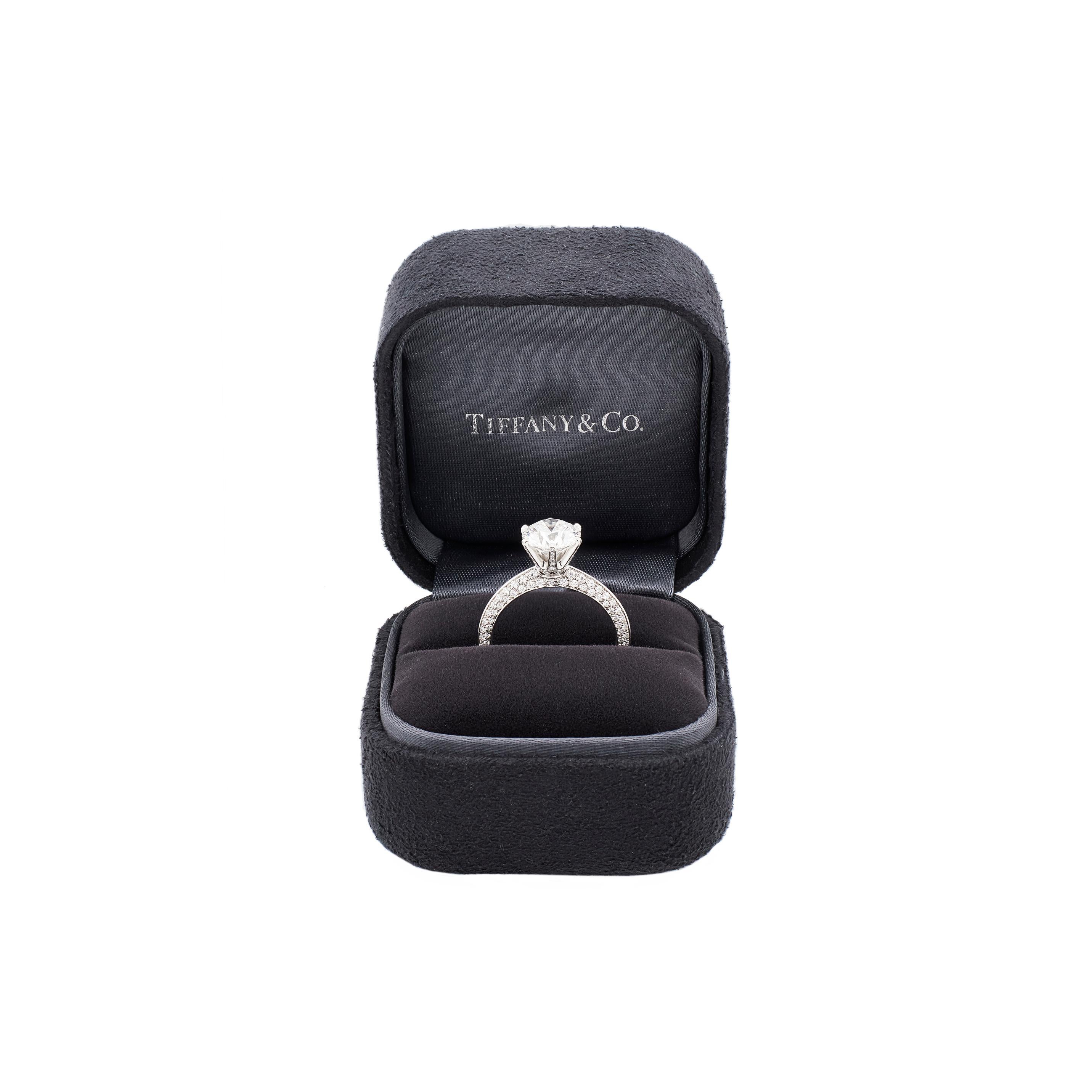 Brilliant Cut 1.91ct F VVS2 Diamond Tiffany & Co. Pavé Setting Platinum Engagement Ring For Sale