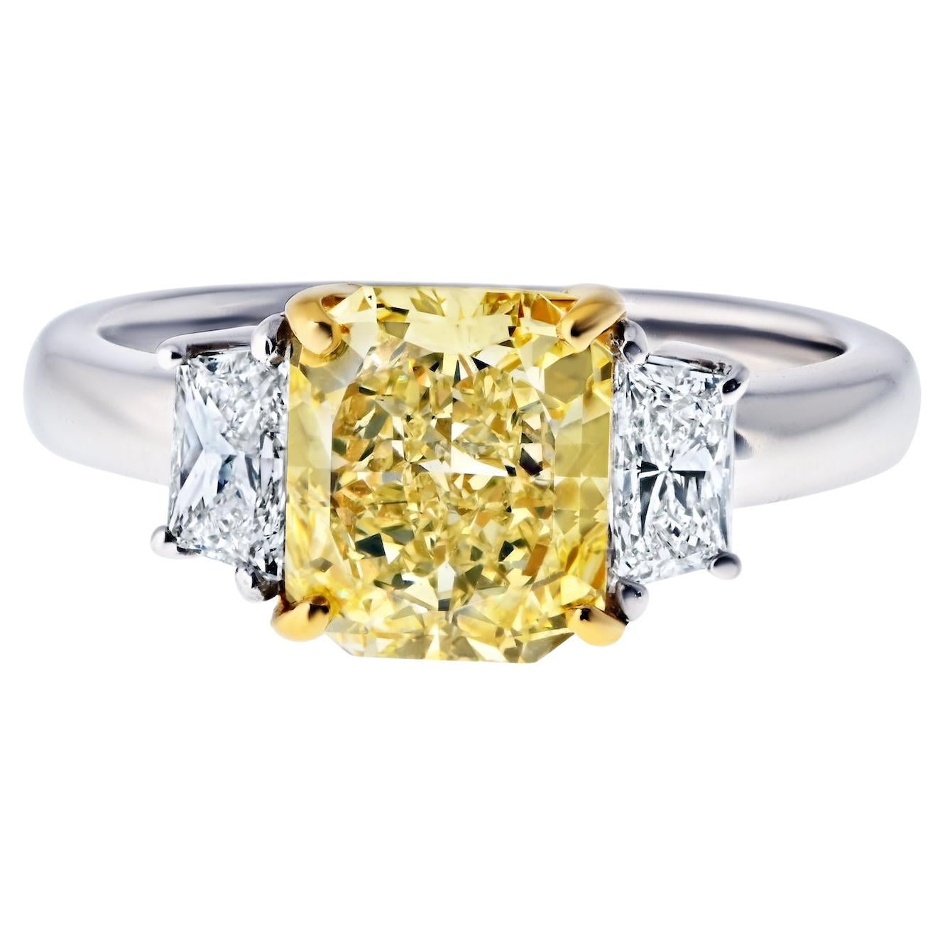 1.91ct Fancy Yellow Radiant Cut Three Stone Diamond Engagement Ring