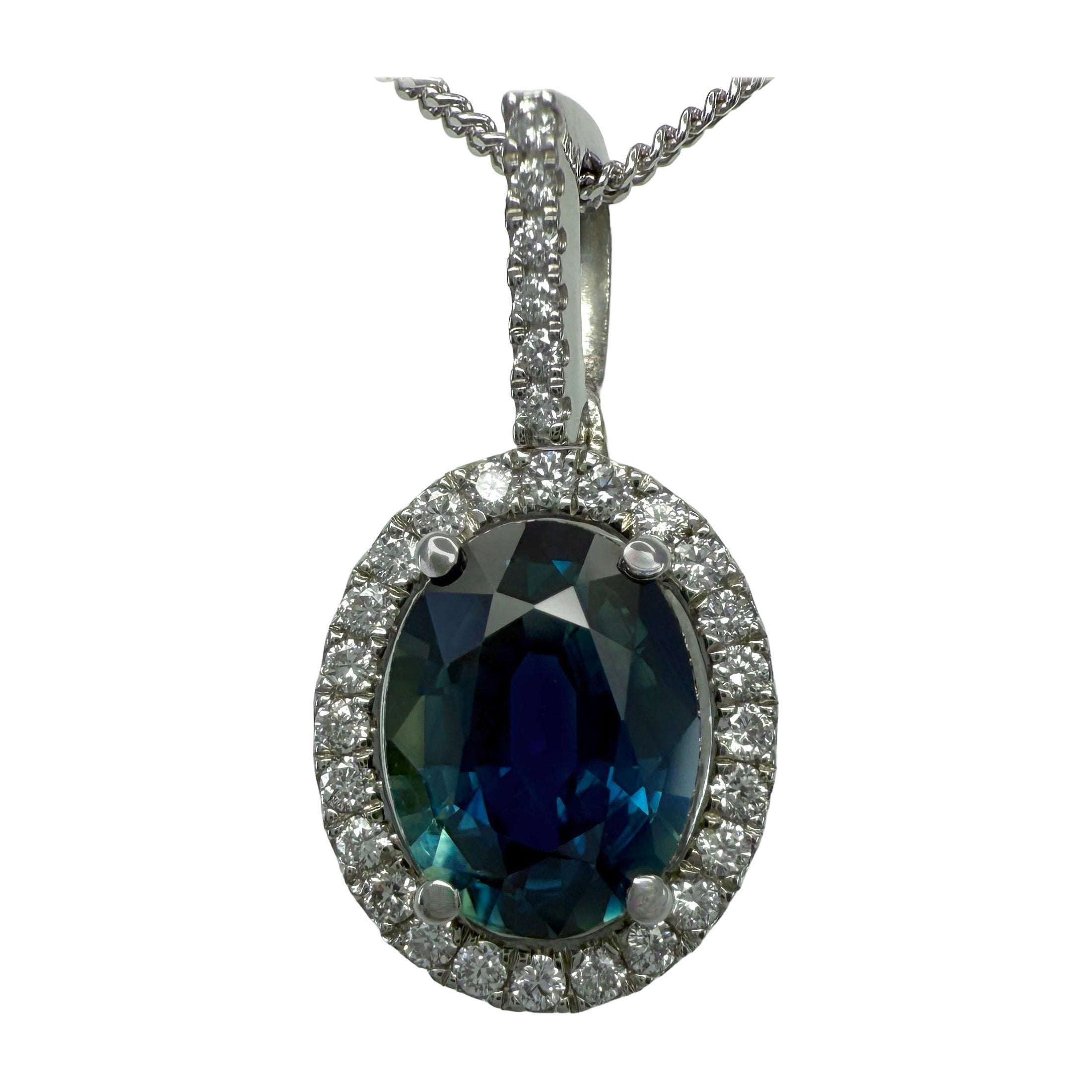 1,91ct Natürliche Teal Grün Blau Saphir Diamant Platin Halo Anhänger Halskette