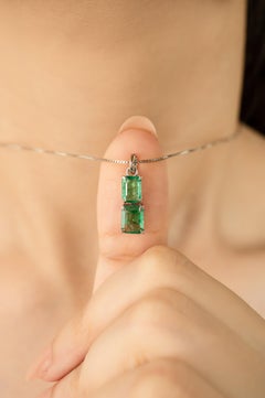 1.91Ct Octagon Two Stone Emerald Drop Pendant in Prong Set 14K Solid White Gold