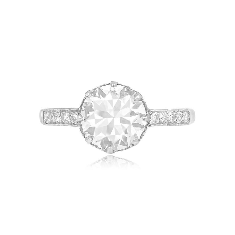 Exquisitely handcrafted crown mounting showcasing a 1.91-carat old European cut diamond (K color, VS1 clarity). The shoulders feature five pave-set old European cut diamonds. The under-gallery is adorned with fine milgrain detailing and additional