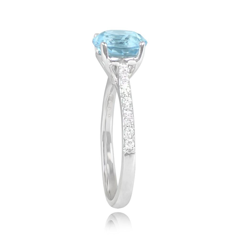 Art Deco 1.91ct Round Cut Aquamarine Engagement Ring, 18k White Gold For Sale
