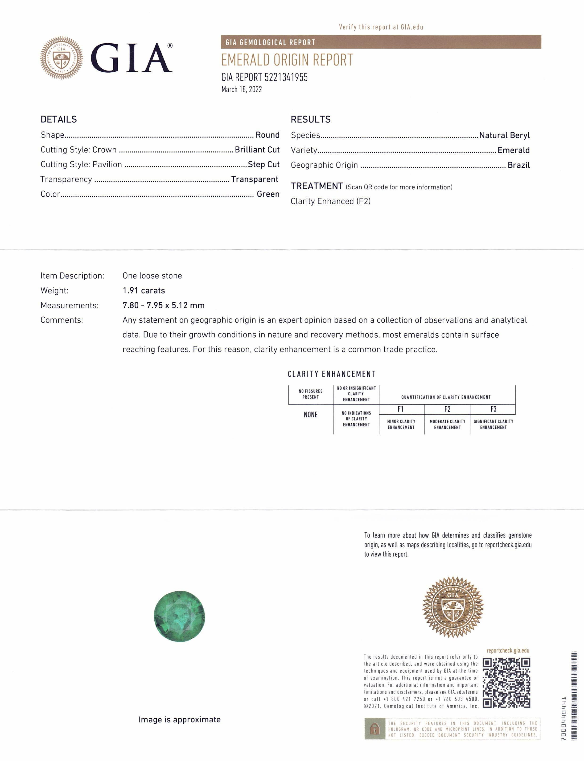 Émeraude verte ronde de 1.91 carats certifiée GIA du Brésil Neuf - En vente à Toronto, Ontario
