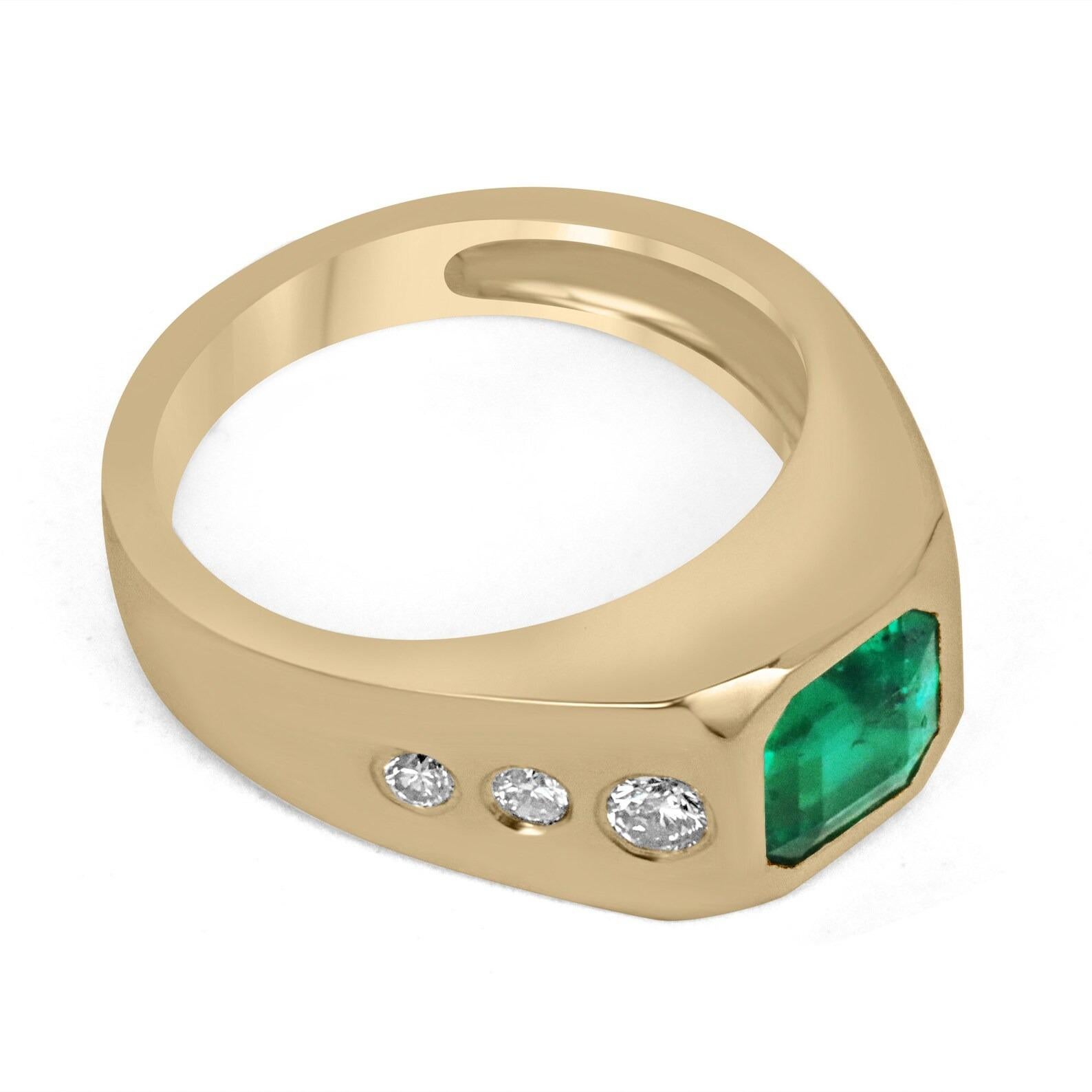 A sophisticated emerald and diamond unisex statement ring. This dapper piece features a remarkable natural AAA quality Colombian emerald, Asscher cut. Fully faceted, this gemstone displays excellent shine and a vivid, dark green color with excellent