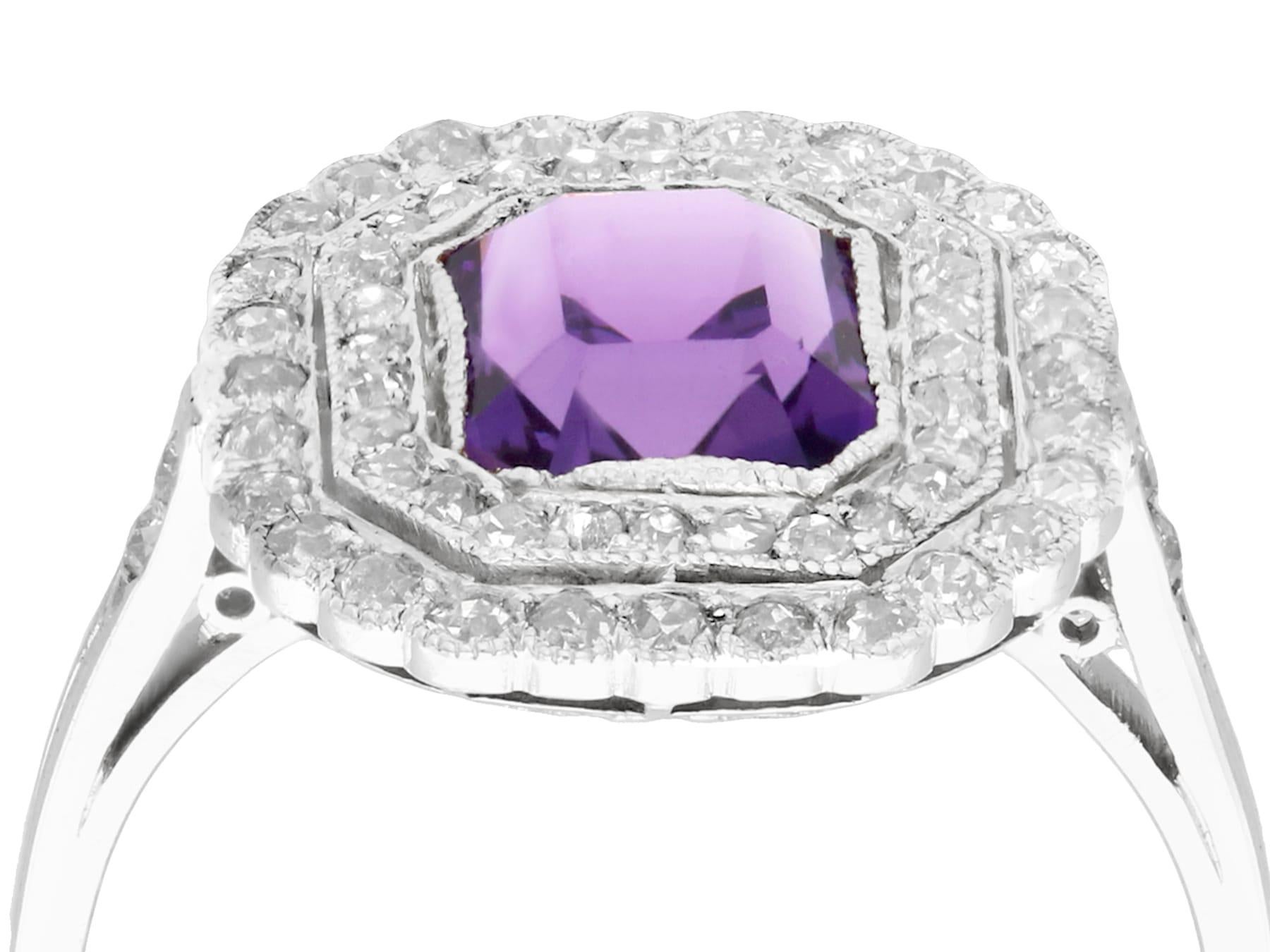A stunning, fine and impressive antique 1.92 carat amethyst and 1.20 carat diamond, platinum dress ring; part of our diverse antique jewelry collections.

This stunning antique amethyst and diamond ring has been crafted in platinum.

The platinum