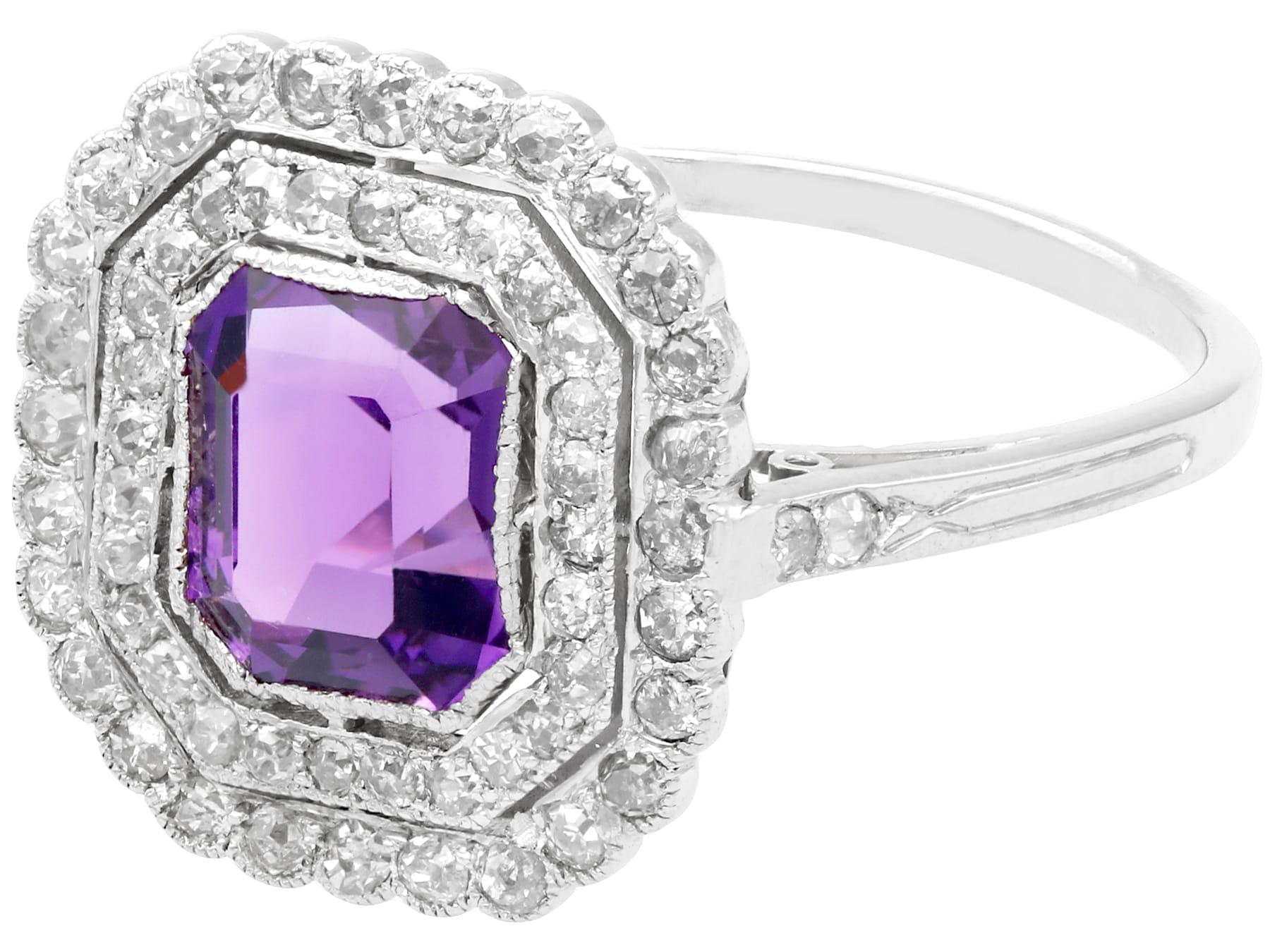 Emerald Cut 1.92 Carat Amethyst and 1.20 Carat Diamond Platinum Ring Circa 1920 For Sale