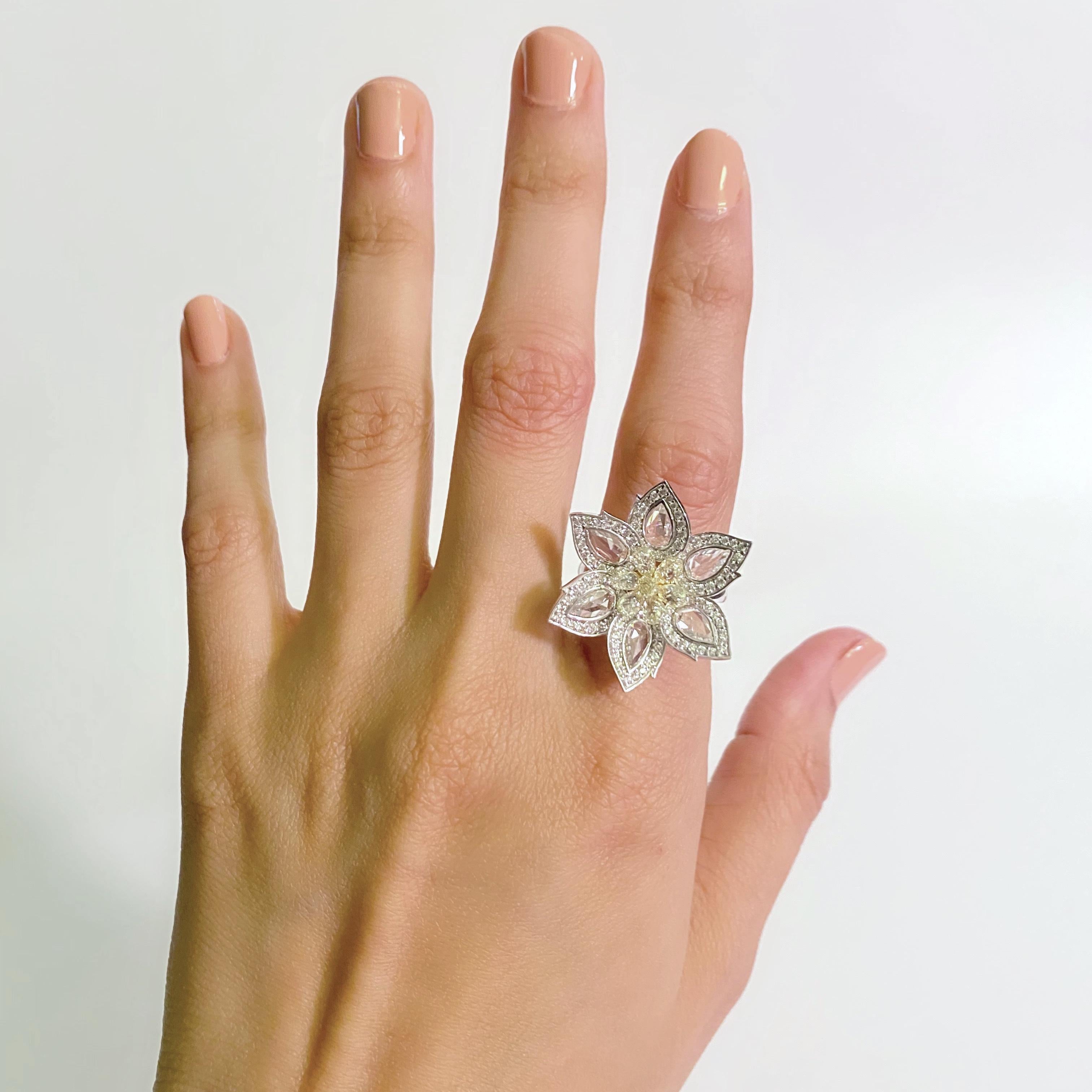 1.92 Carat Center Diamond and 1.34 Carat Briolette Diamond 18K Ring - The Daisy In New Condition For Sale In New York, NY