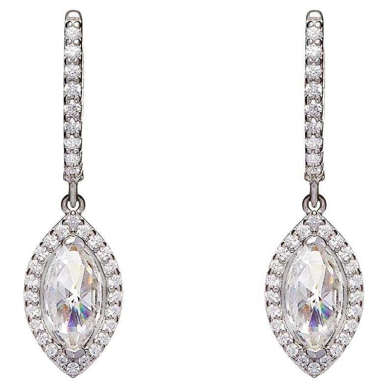 1.92 Carat Cubic Zirconia Sterling Silver Marquise Halo Drop Lever Back Earrings