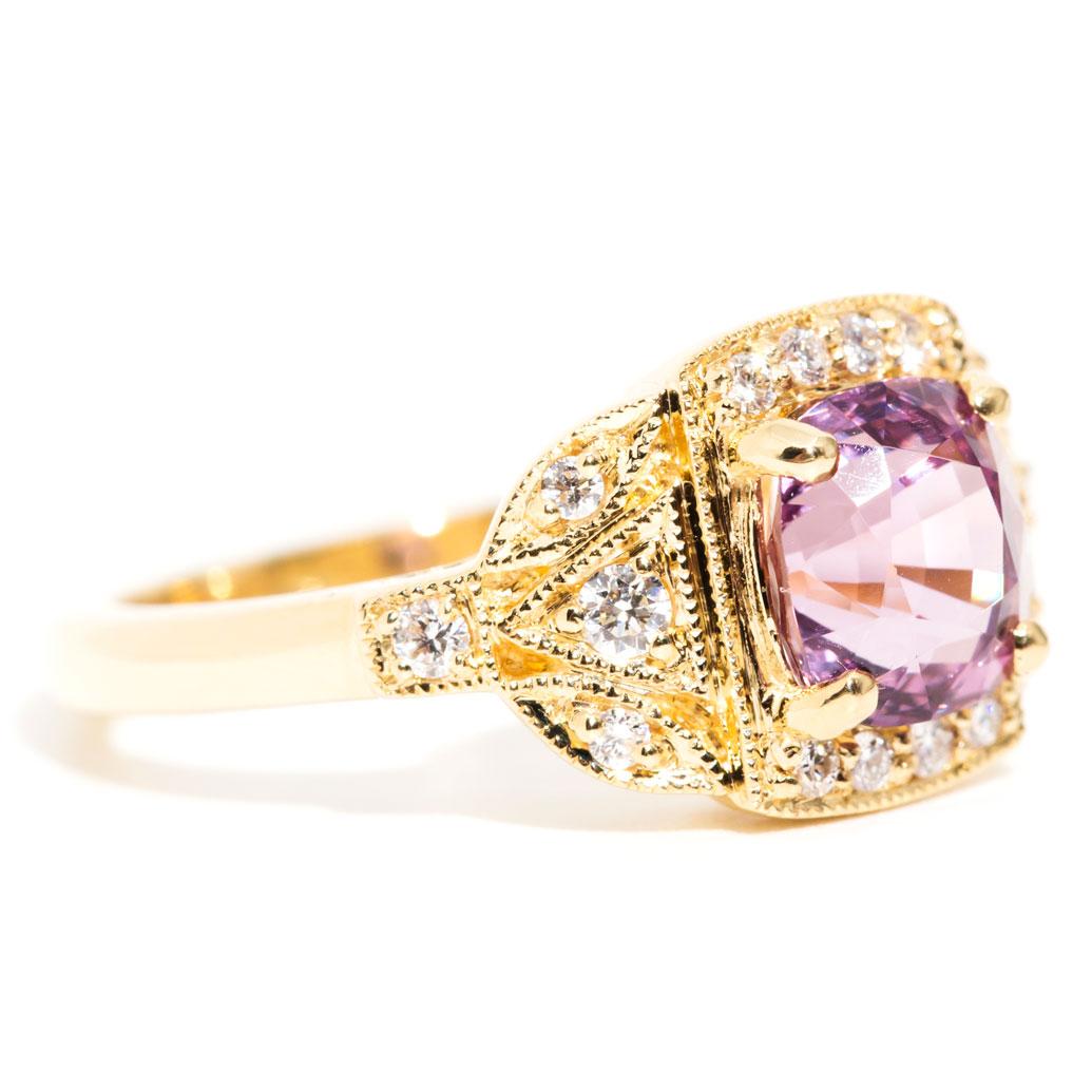 Contemporary 1.92 Carat Cushion Cut Pink Spinel and Diamond 18 Carat Yellow Gold Cluster Ring