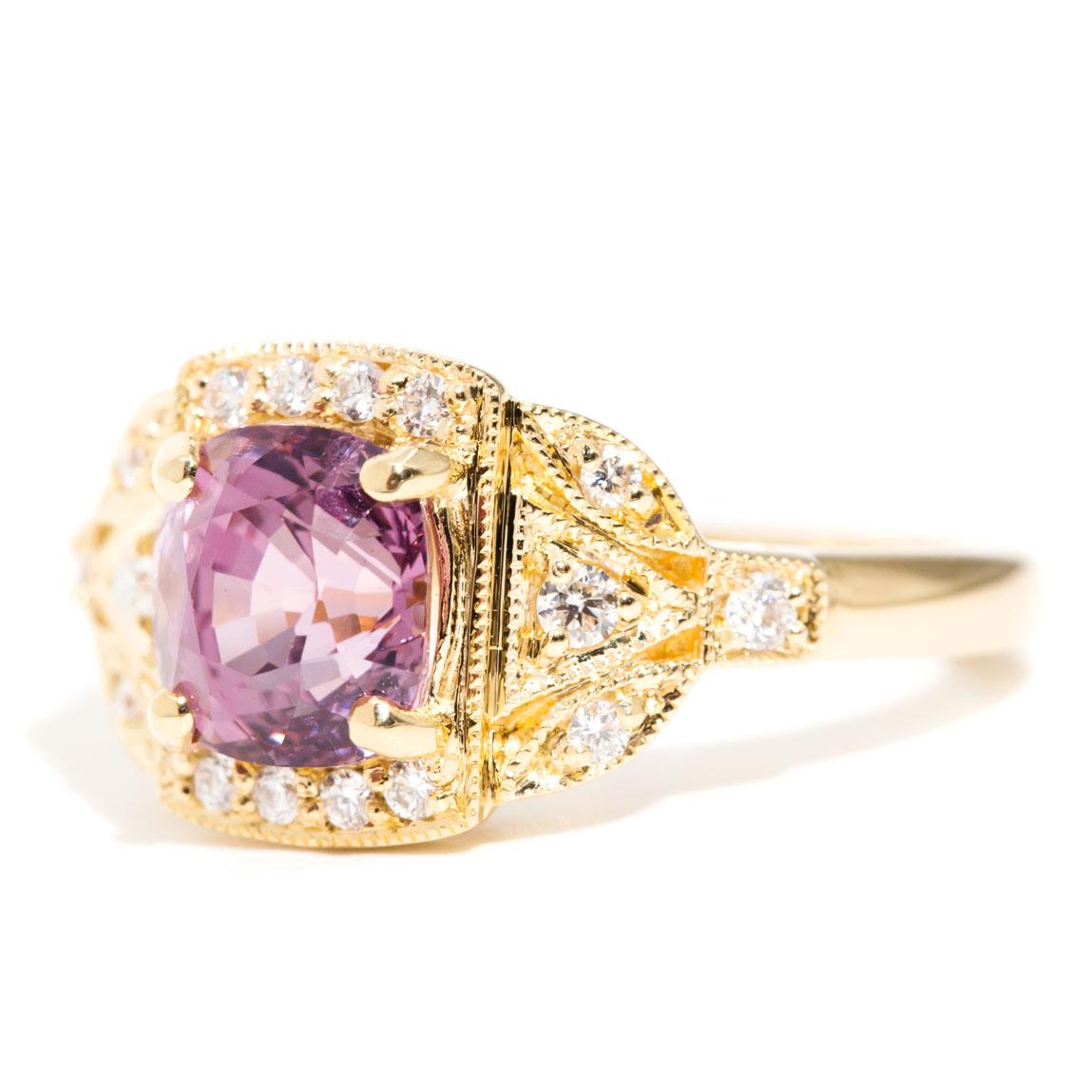 1.92 Carat Cushion Cut Pink Spinel and Diamond 18 Carat Yellow Gold Cluster Ring 2