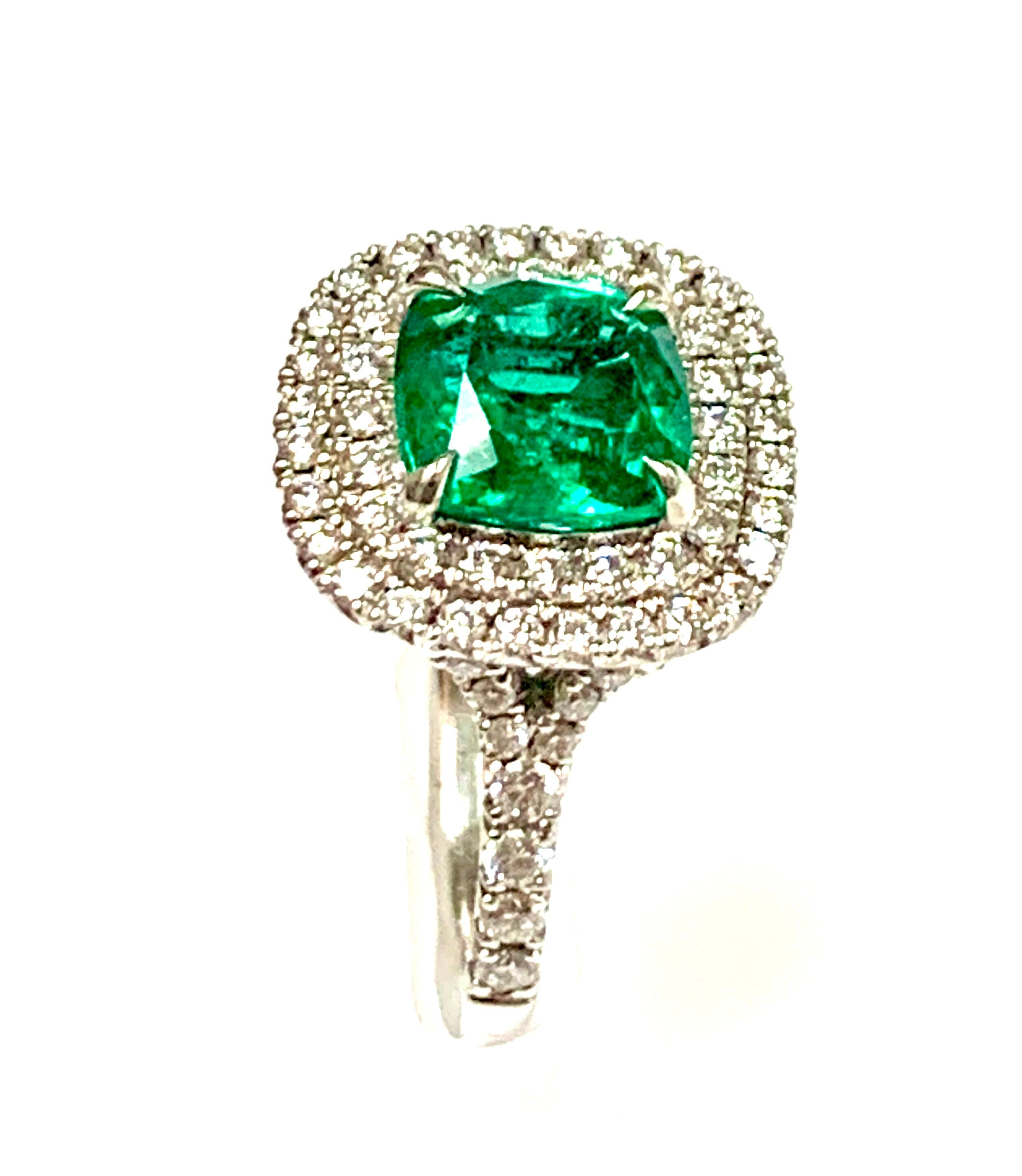 Modern 1.92 Carat Cushion Cut Zambian Emerald Diamond Cocktail Ring For Sale