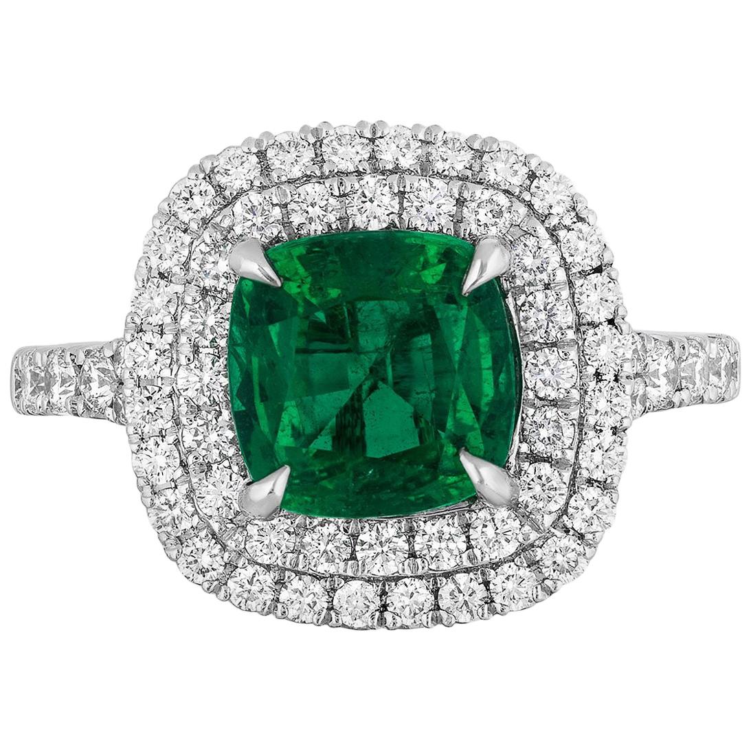 1.92 Carat Cushion Cut Zambian Emerald Diamond Cocktail Ring