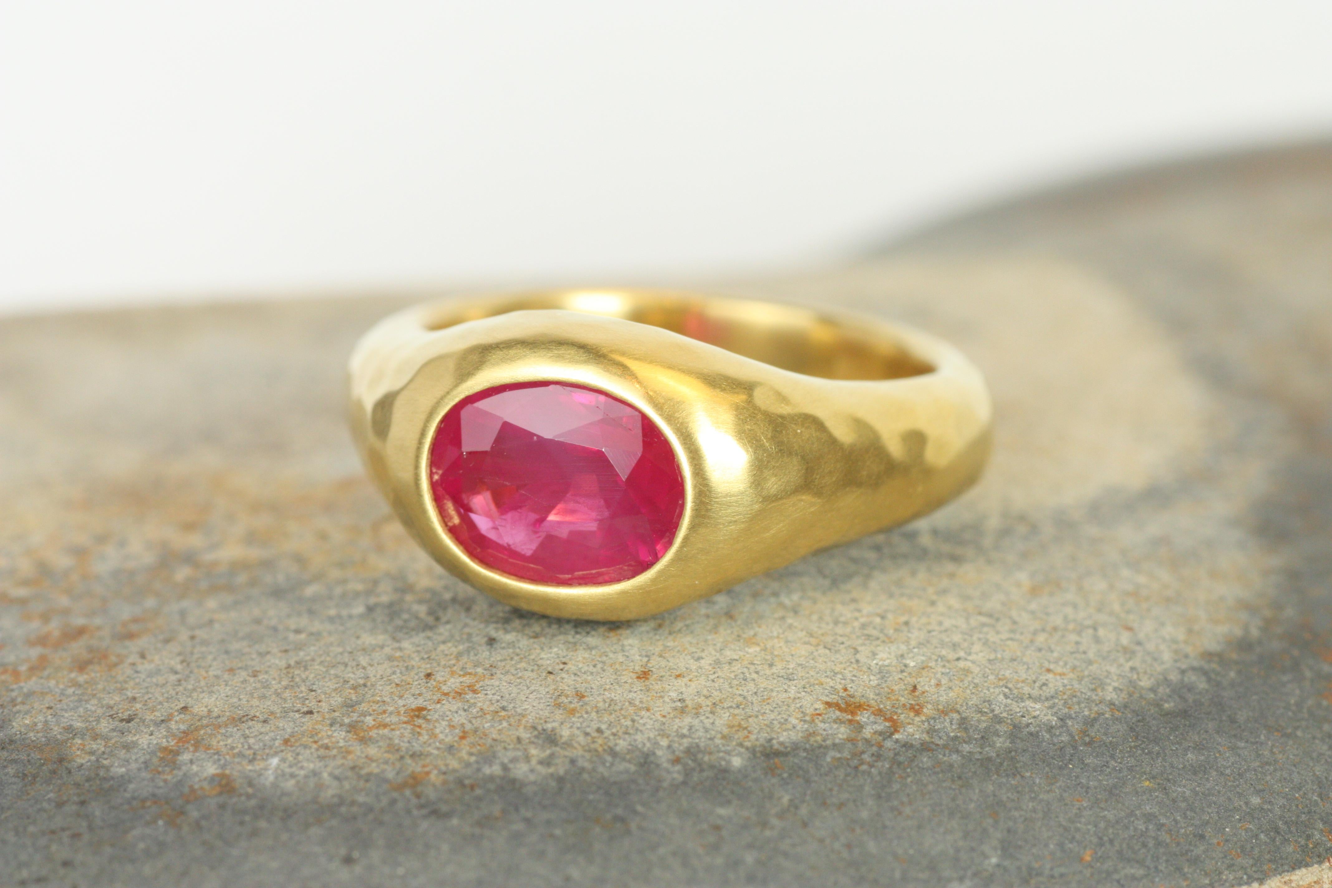 Oval Cut 1.92 Carat Faceted Oval Ruby Gypsy Ring in 22K Yellow Gold Handmade For Sale