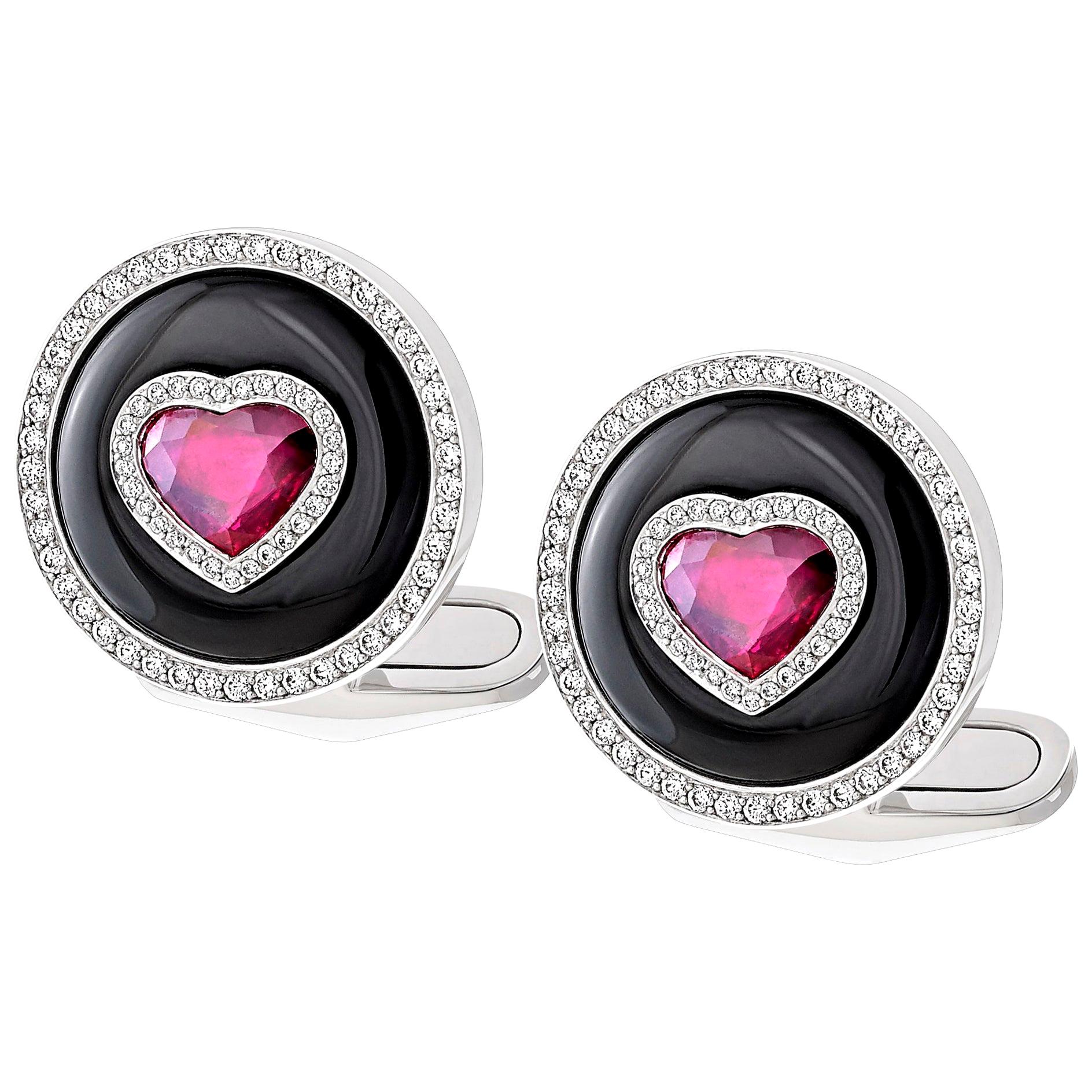 1.92 Carat Heart Shaped Ruby Cufflinks with 5.37 Carat Black Onyx in 18K Gold
