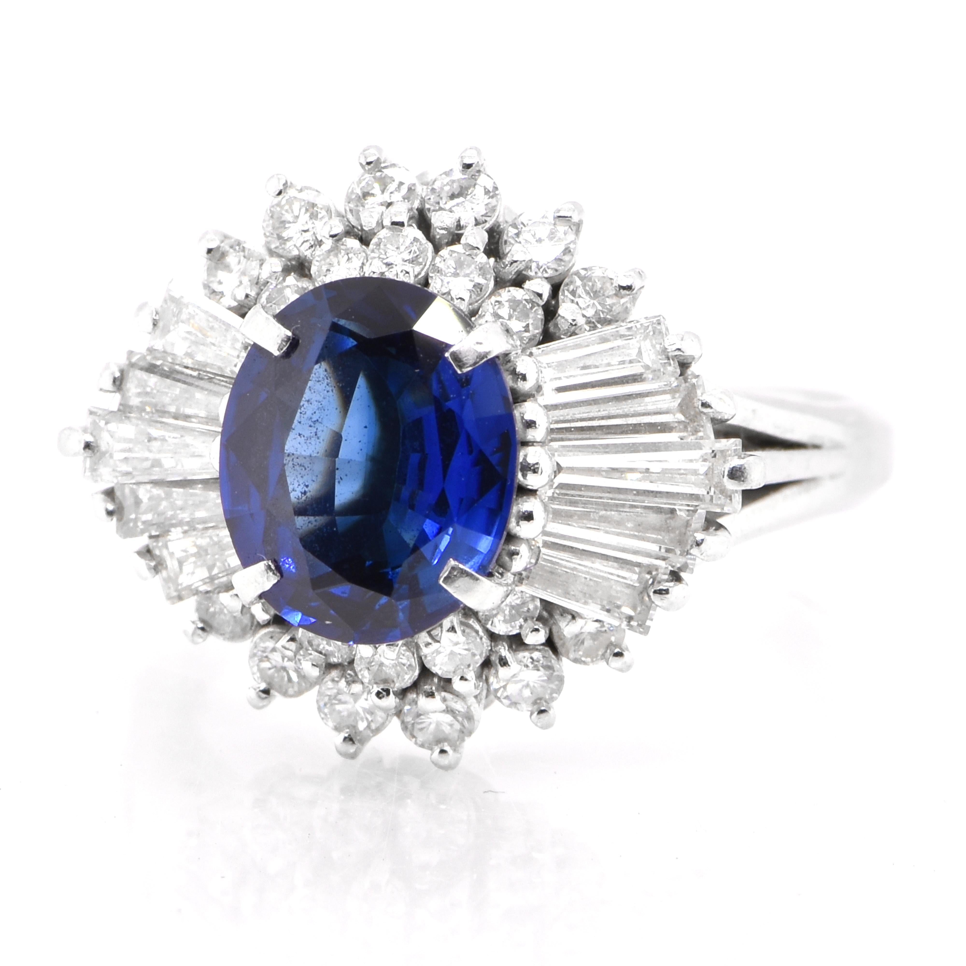 A beautiful ring featuring 1.92 Carat Natural Blue Sapphire and 1.02 Carats Diamond Accents set in Platinum. Sapphires have extraordinary durability - they excel in hardness as well as toughness and durability making them very popular in jewelry.