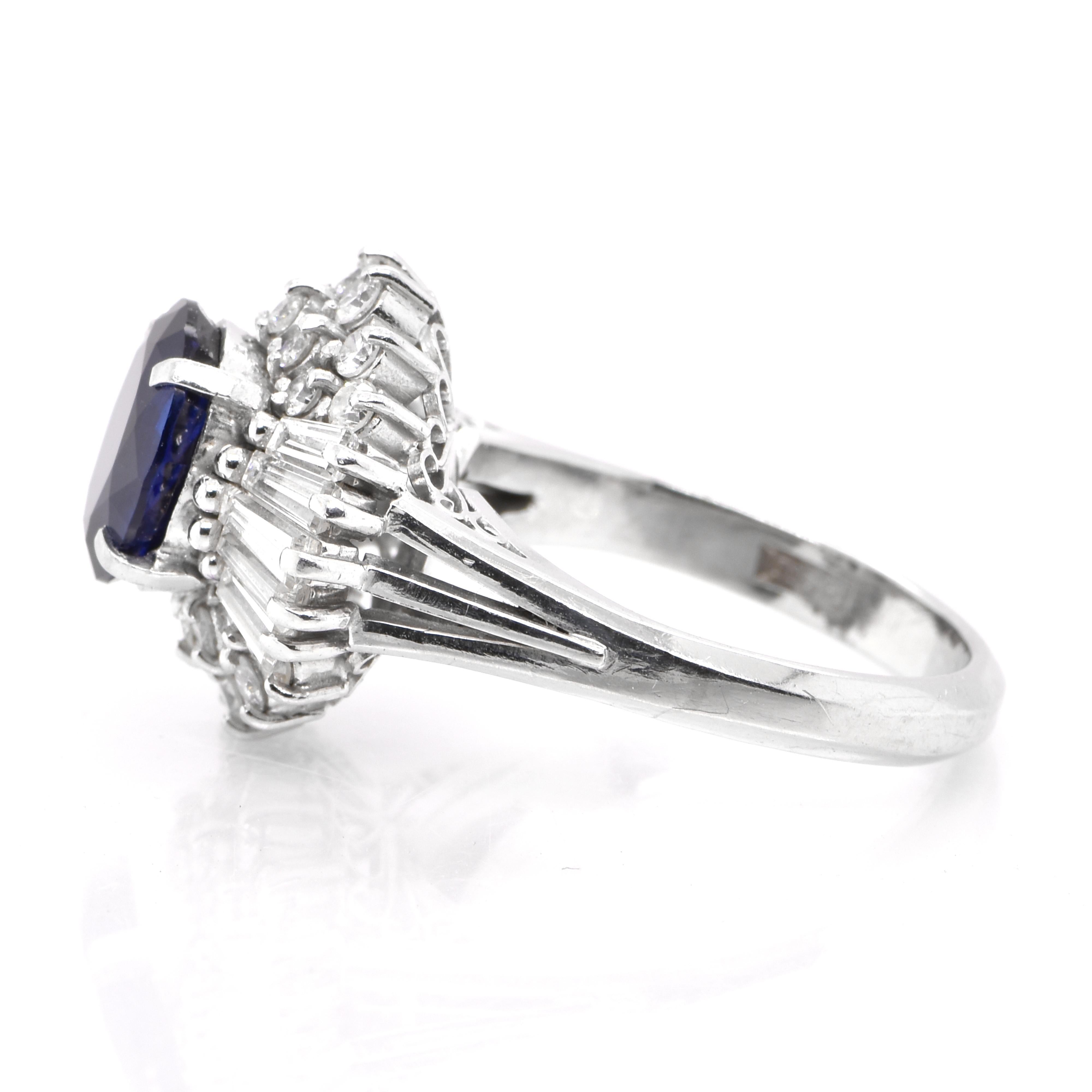 Modern 1.92 Carat Natural Royal Blue Sapphire & Diamond Ballerina Ring set in Platinum