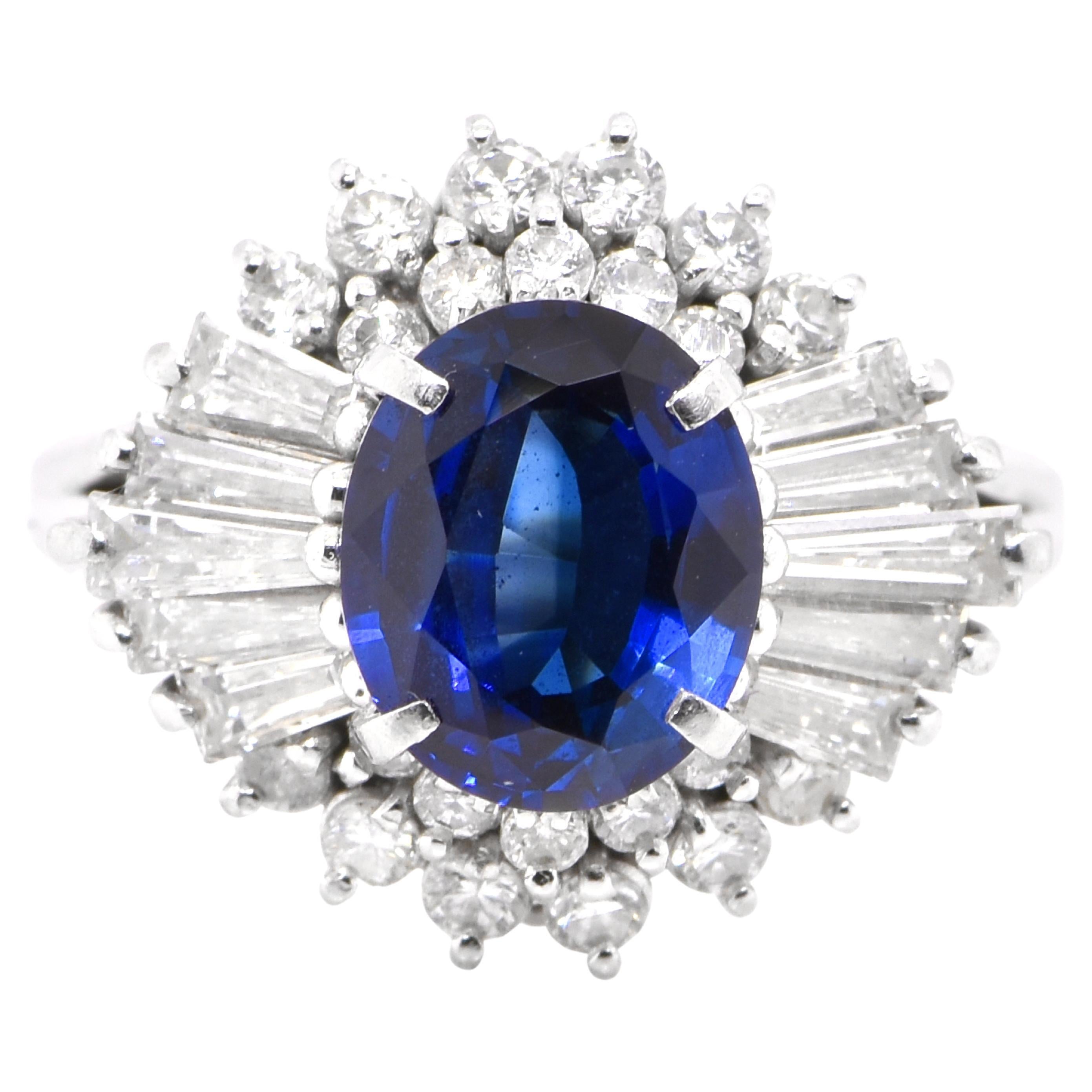 1.92 Carat Natural Royal Blue Sapphire & Diamond Ballerina Ring set in Platinum