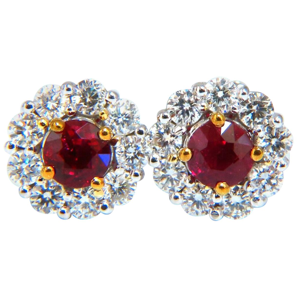 1.92 Carat Natural Ruby Diamonds Cluster Earrings 14 Karat Gold Halo