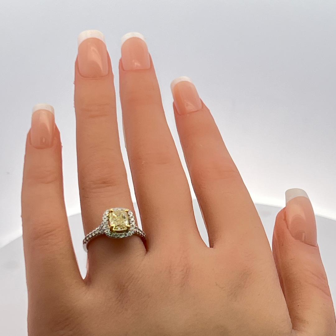 1.92 Carat Radiant Fancy light yellow and Round Diamond 14K WG Engagement Ring For Sale 5