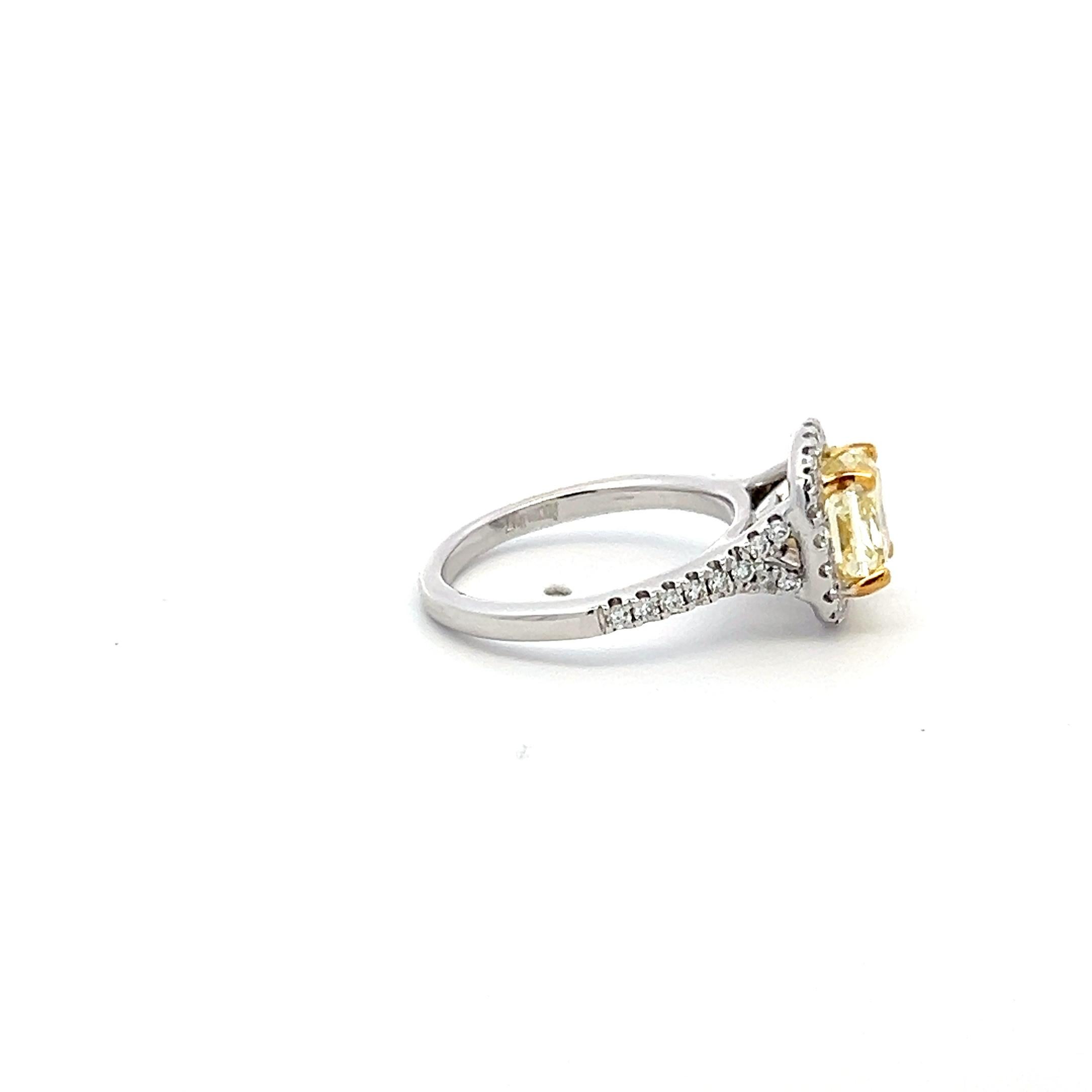 Title:
1.92 Carat Radiant Cut Fancy light yellow VS1 and Round Brilliant H SI1 Diamond 14 Karat White Gold Halo Ring
Style:
Halo
Metal:
14 Karat White Gold
Gemstone 1:
0.35 Carat Diamond
Number of Stones:
40
Color:
H
Clarity:
SI1
Shape:
Round