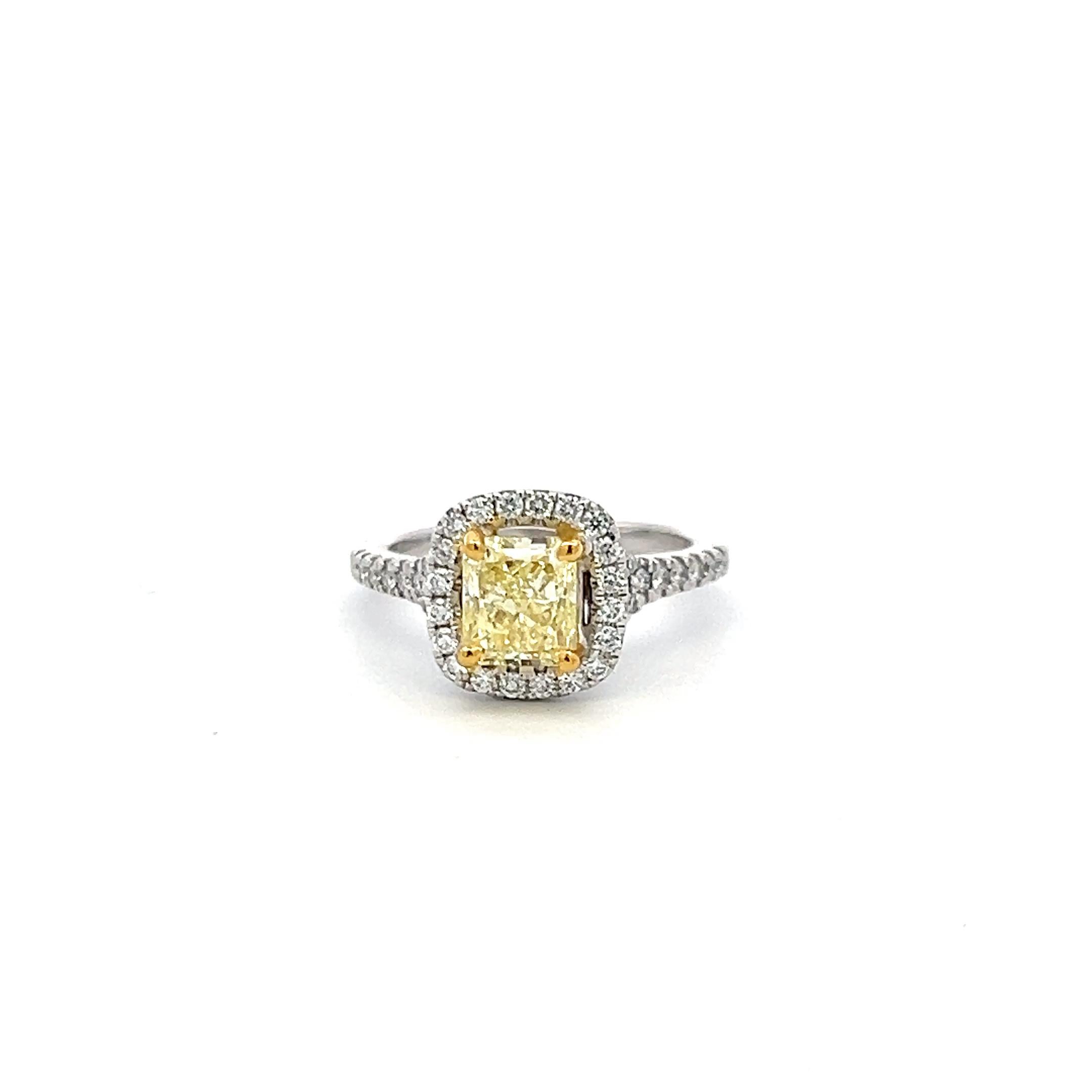 Women's 1.92 Carat Radiant Fancy light yellow and Round Diamond 14K WG Engagement Ring For Sale