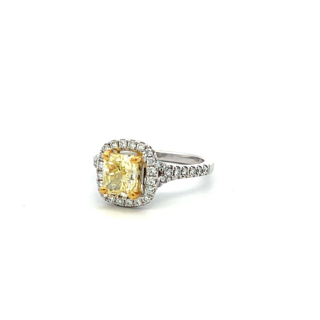 1.92 Carat Radiant Fancy light yellow and Round Diamond 14K WG Engagement Ring For Sale 1