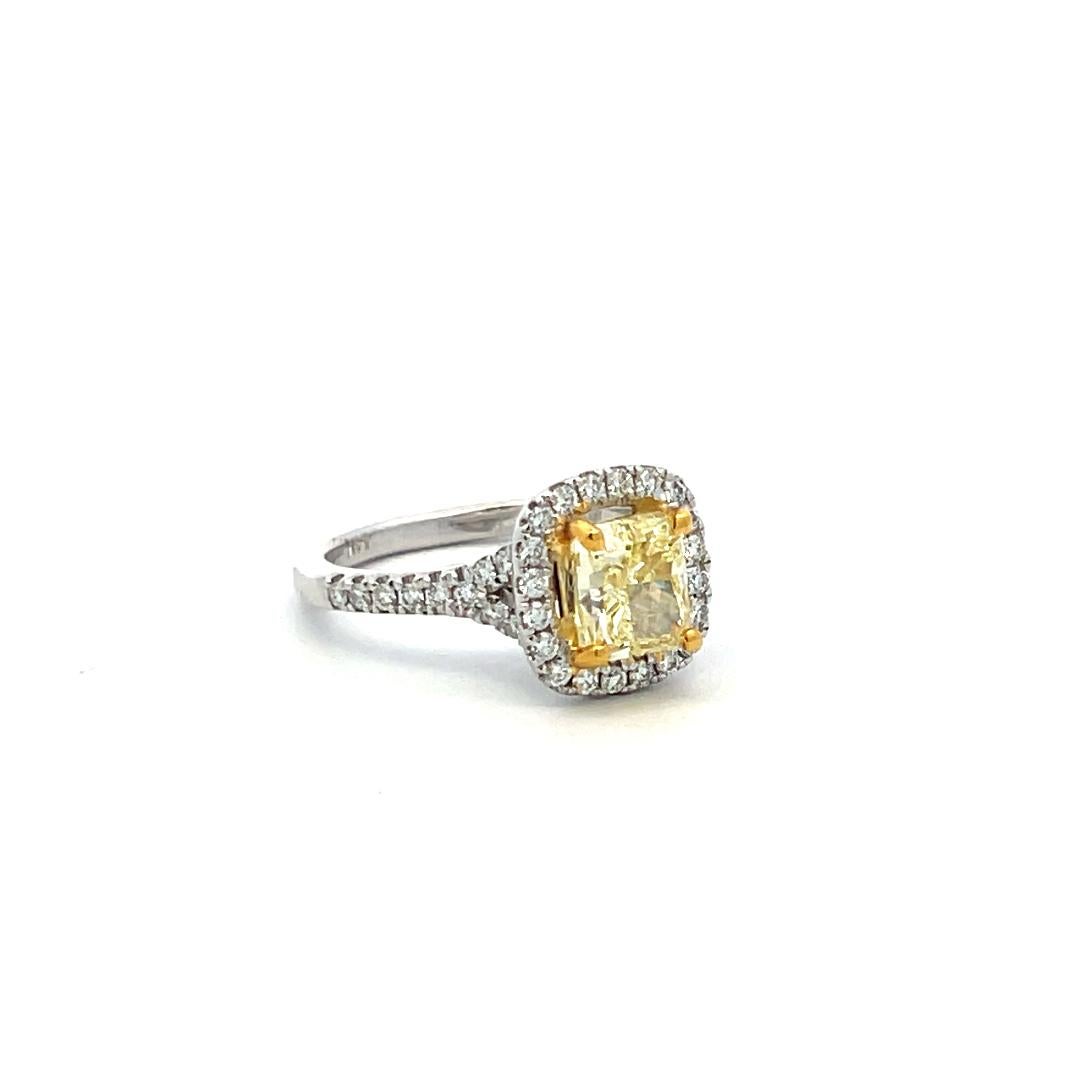 1.92 Carat Radiant Fancy light yellow and Round Diamond 14K WG Engagement Ring For Sale 2