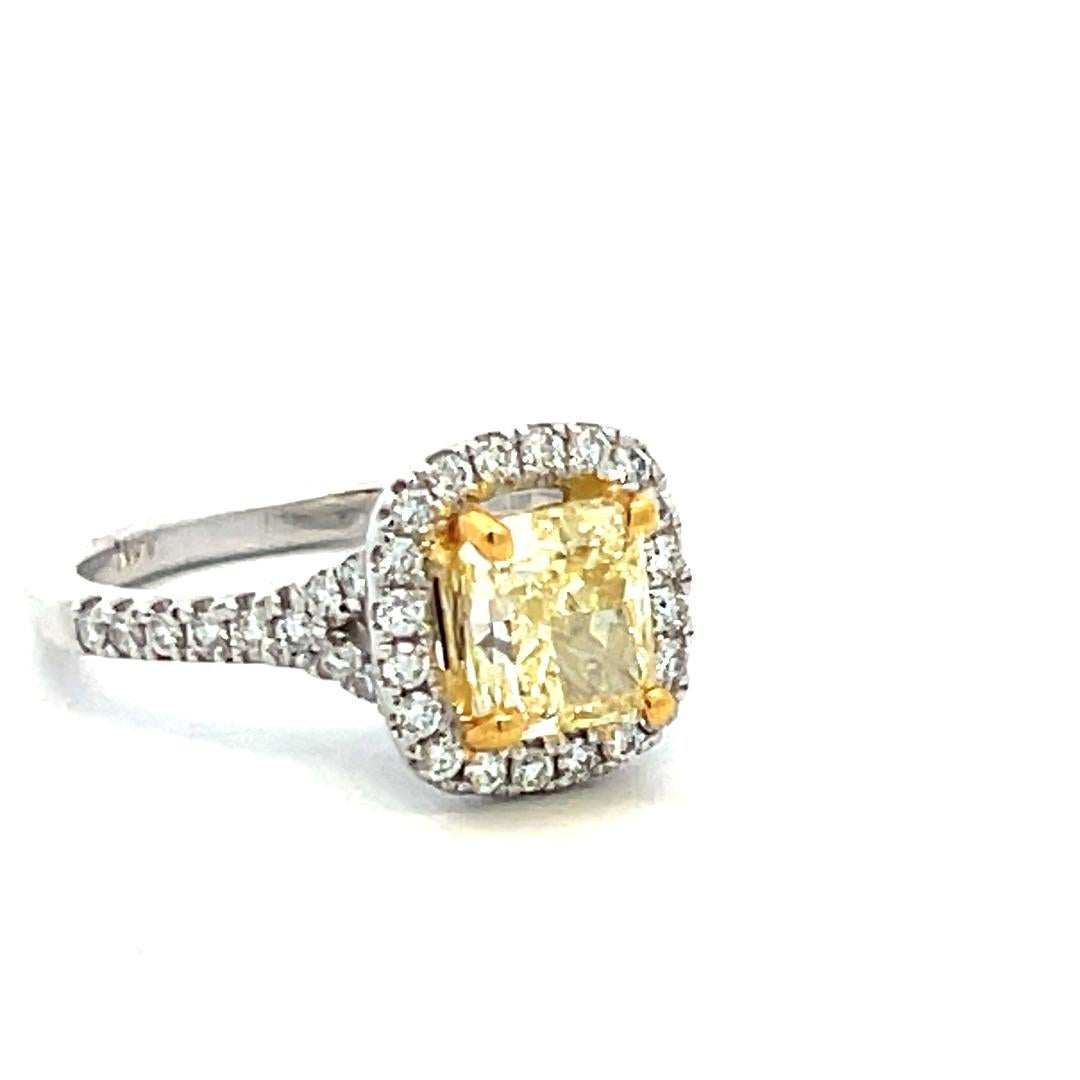 1.92 Carat Radiant Fancy light yellow and Round Diamond 14K WG Engagement Ring For Sale 3