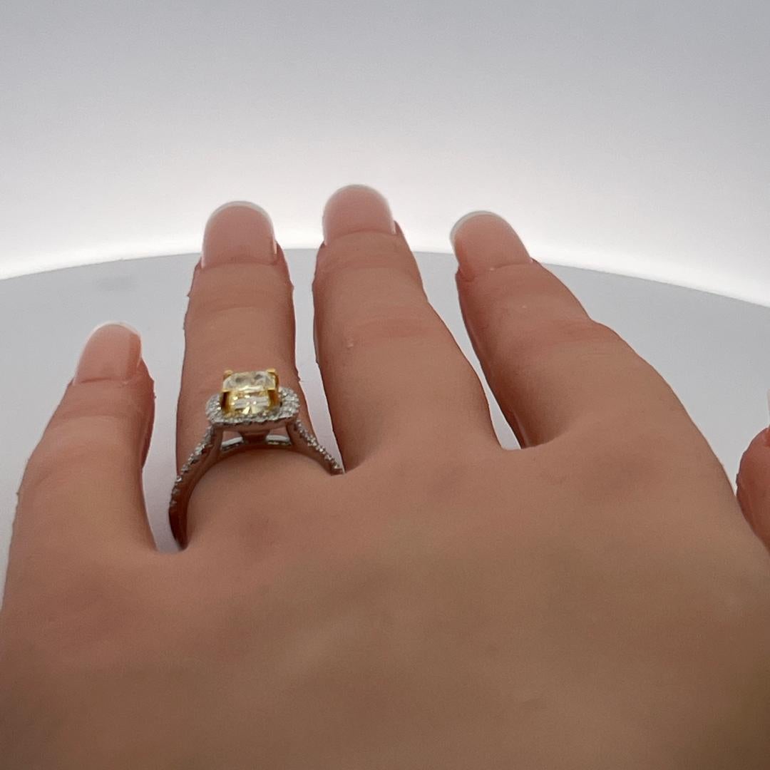 1.92 Carat Radiant Fancy light yellow and Round Diamond 14K WG Engagement Ring For Sale 4
