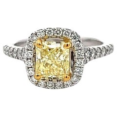 1.92 Carat Radiant Fancy light yellow and Round Diamond 14K WG Engagement Ring