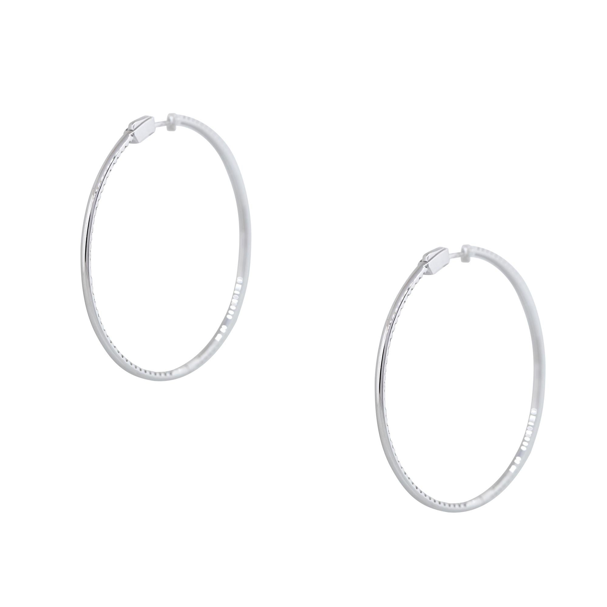 Round Cut 1.92 Carat Round Brilliant Cut Diamond Large Hoop Earrings 18 Karat In Stock For Sale