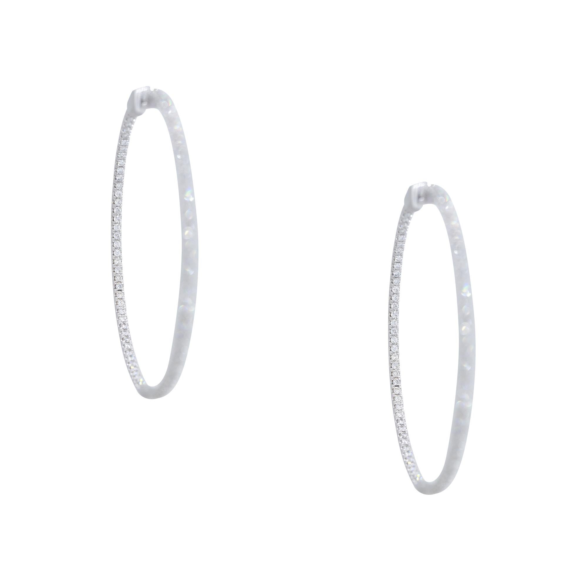 Women's 1.92 Carat Round Brilliant Cut Diamond Large Hoop Earrings 18 Karat In Stock For Sale