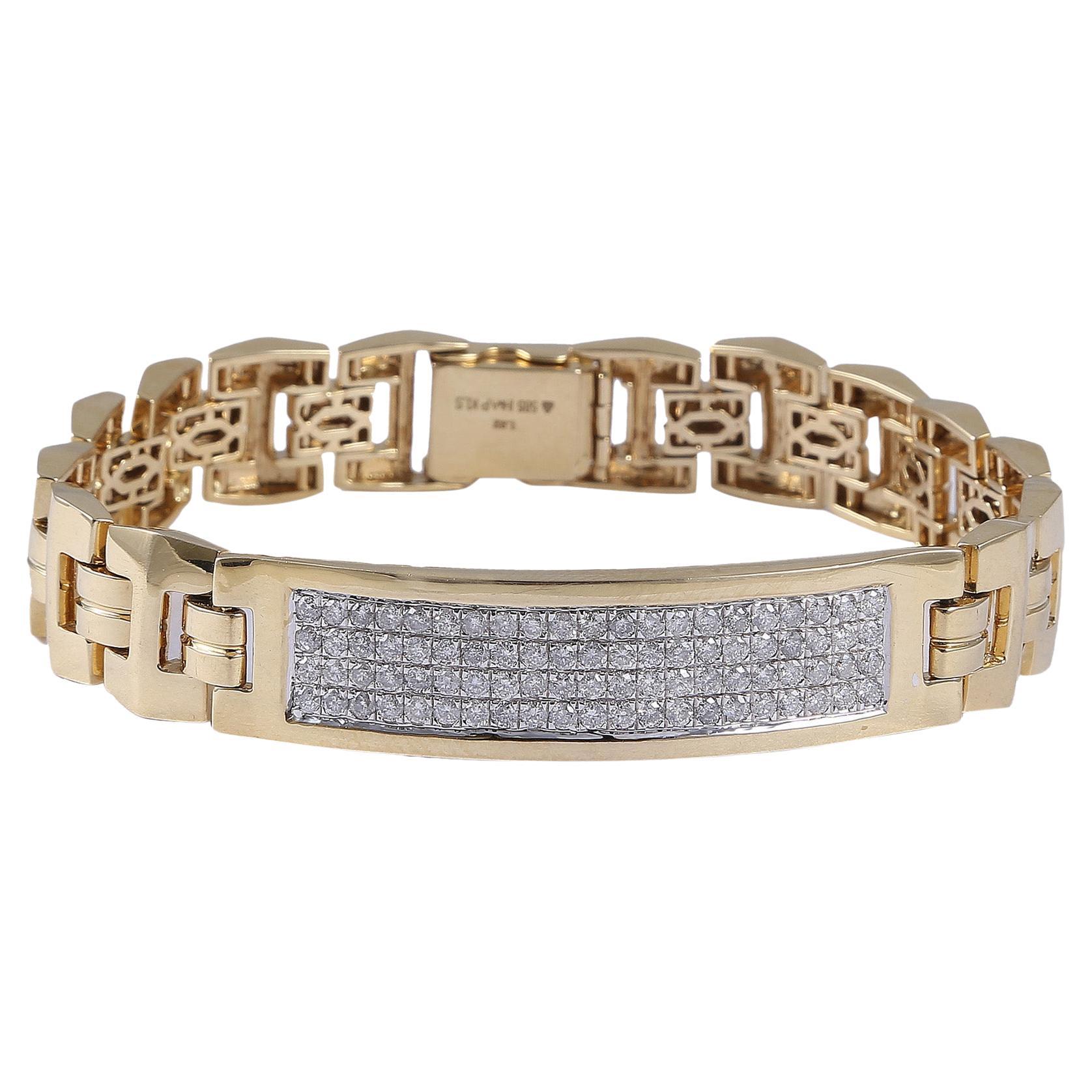 Bracelet tennis pour hommes en or jaune 14 carats avec diamants ronds brillants F/VS1 de 1,92 carats
