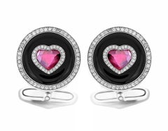 1.92 Carat Heart Shaped Ruby Cufflinks with 5.37 Carat Black Onyx in 18K Gold