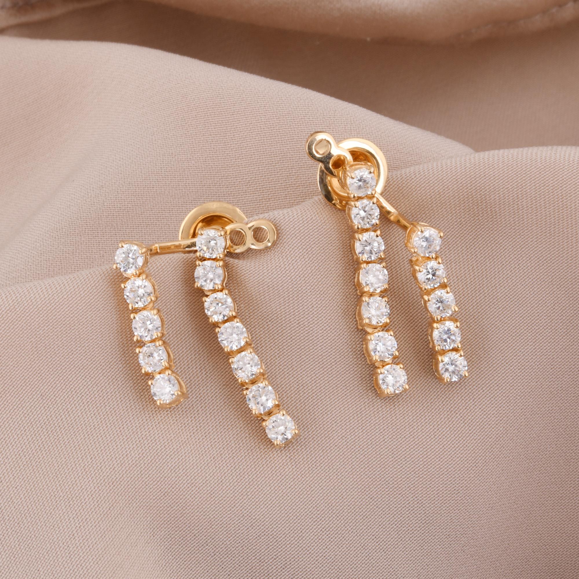 Modern 1.92ct Diamond Double Bar Jacket Earrings 18 Karat Yellow Gold Handmade Jewelry For Sale