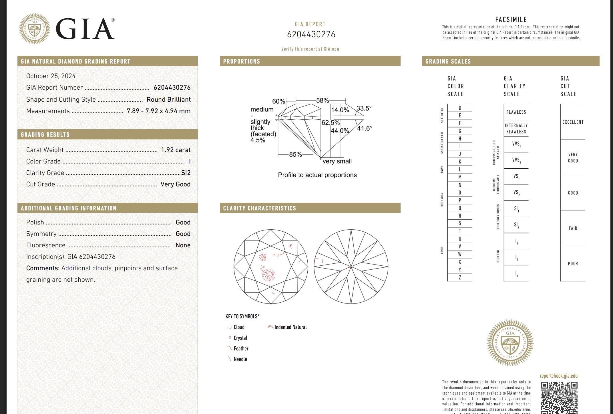 1.92 CT Diamante Brillante Redondo Certificado GIA en Anillo de Diamantes de Oro Blanco de 18K en venta 3