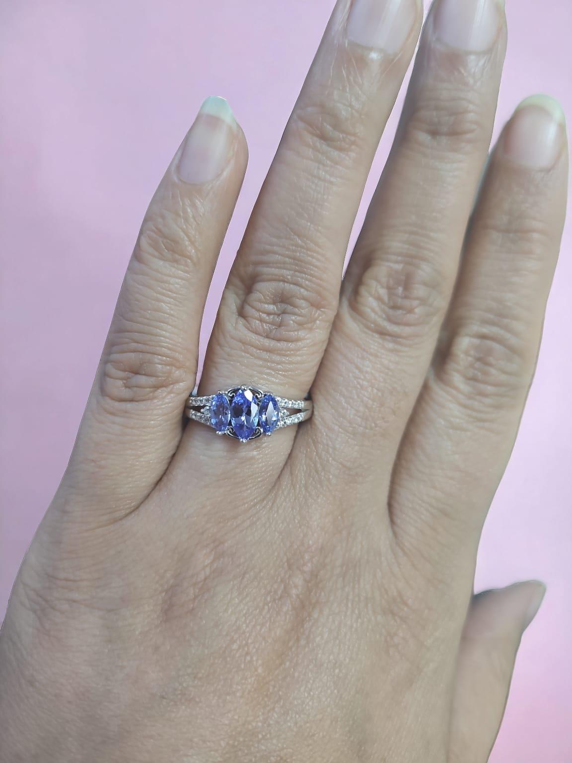 Art Deco Natural Tanzanite Ring- Sterling Silver Ring- 3 Stone Tanzanite Engagement Ring For Sale