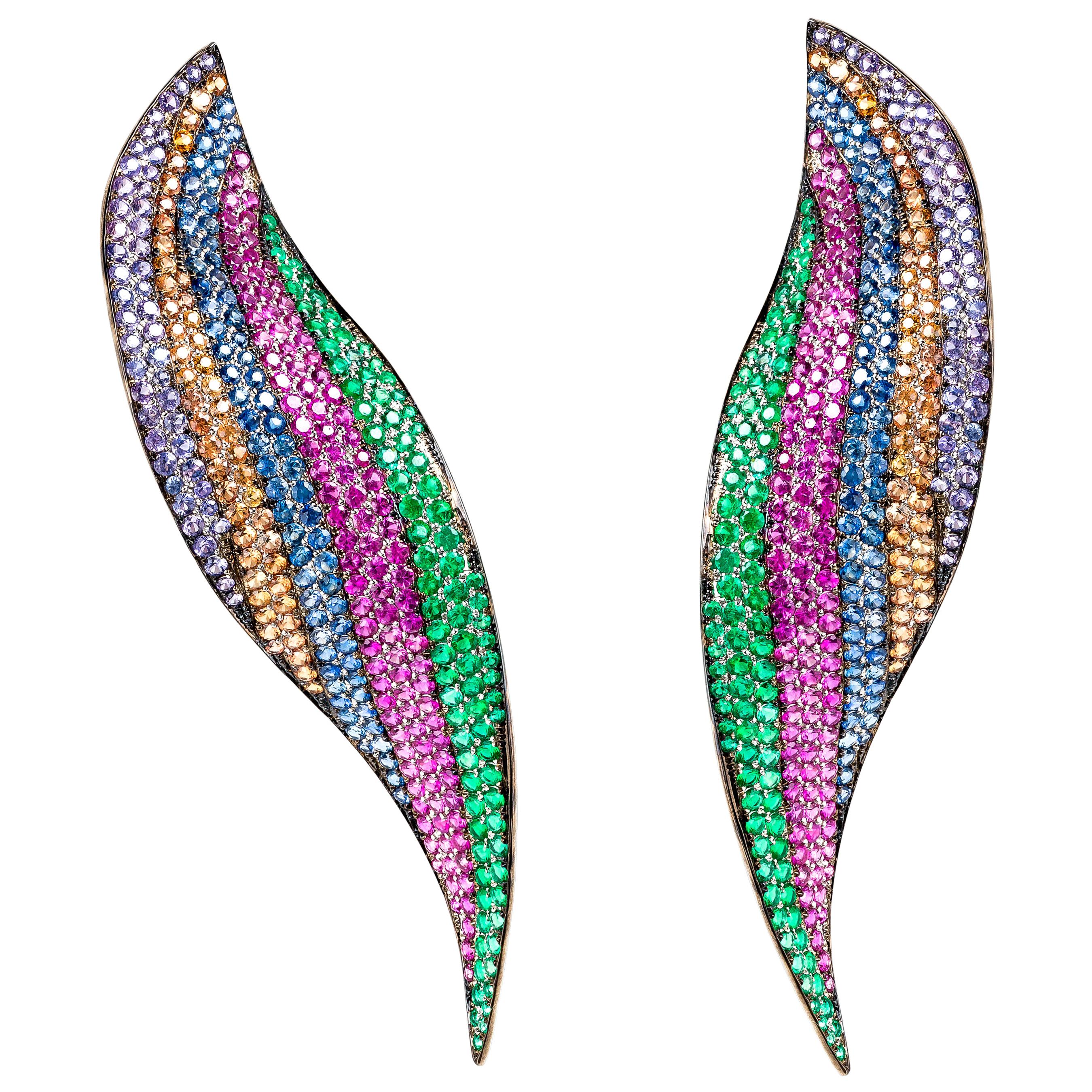 Rosior one-off Multicolor Gemstone "Long Leaf" Earrings set in White Gold