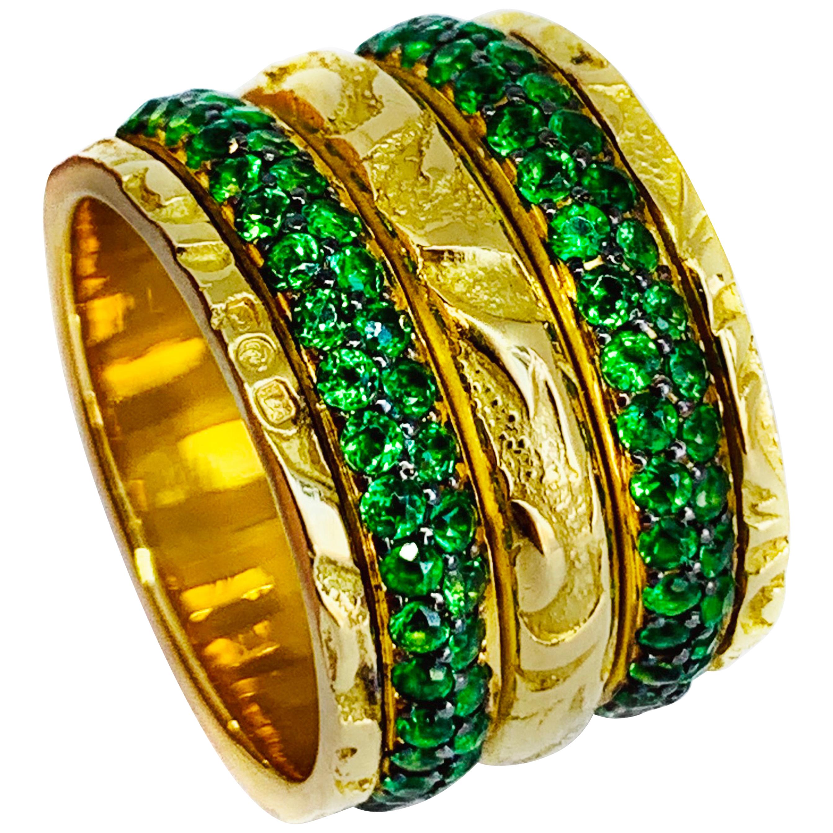Rosior Vintage Tsavorite "Side-by-Side turn" Ring Hand Engraved in Yellow Gold