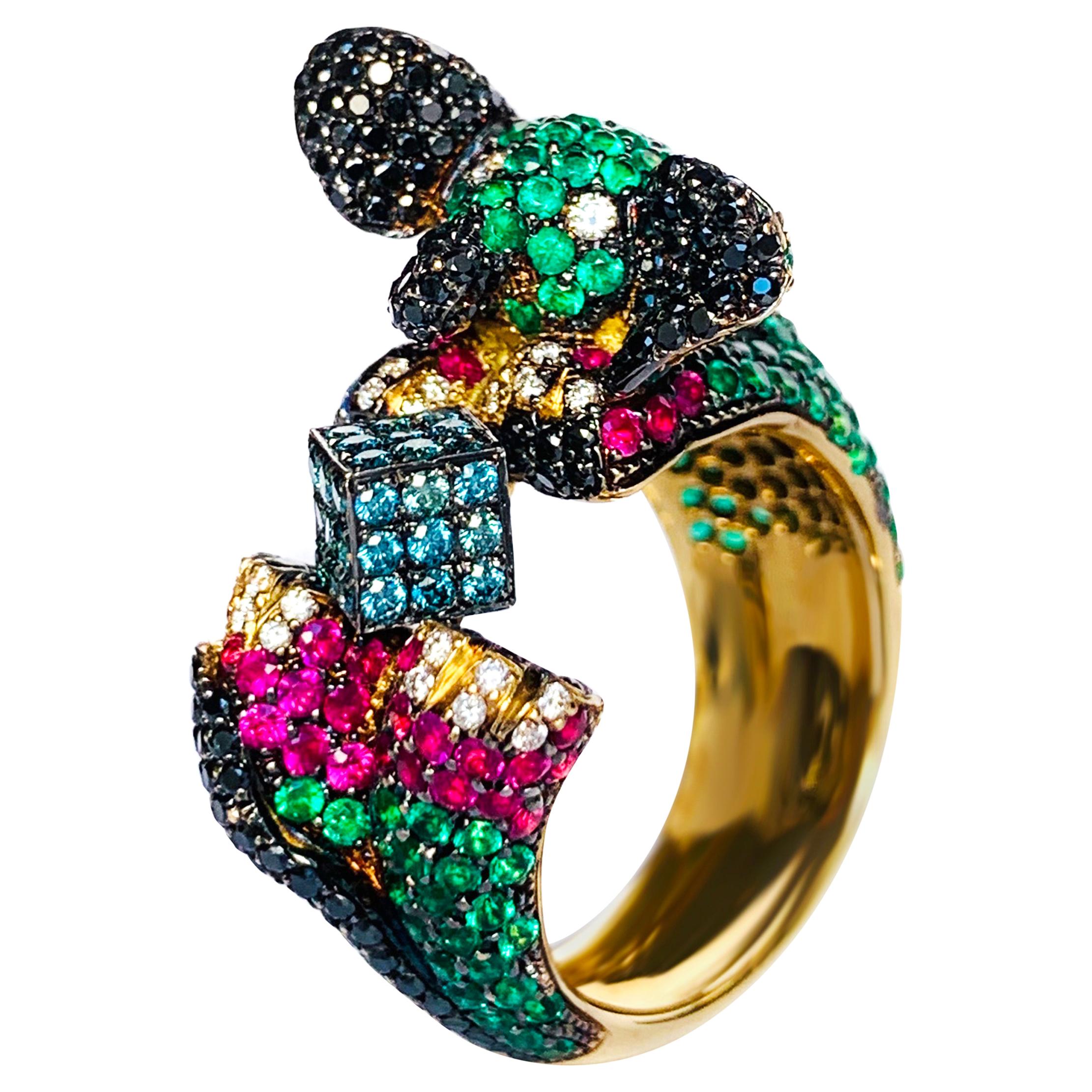 Diamond, Emerald and Ruby Yellow Gold "Baby Elephant" Cocktail Ring
