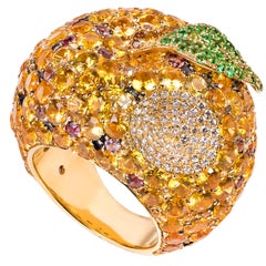 19.2 Karat Yellow Gold, Diamond, Sapphire and Tsavorite Cocktail "Apple" Ring