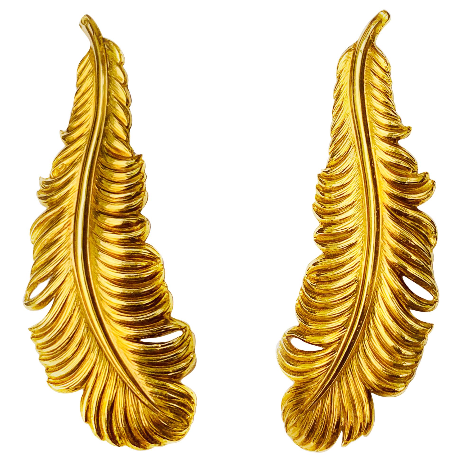 Rosior Hand Chiseled Yellow Gold "Peacock Feather" Dangle Earrings