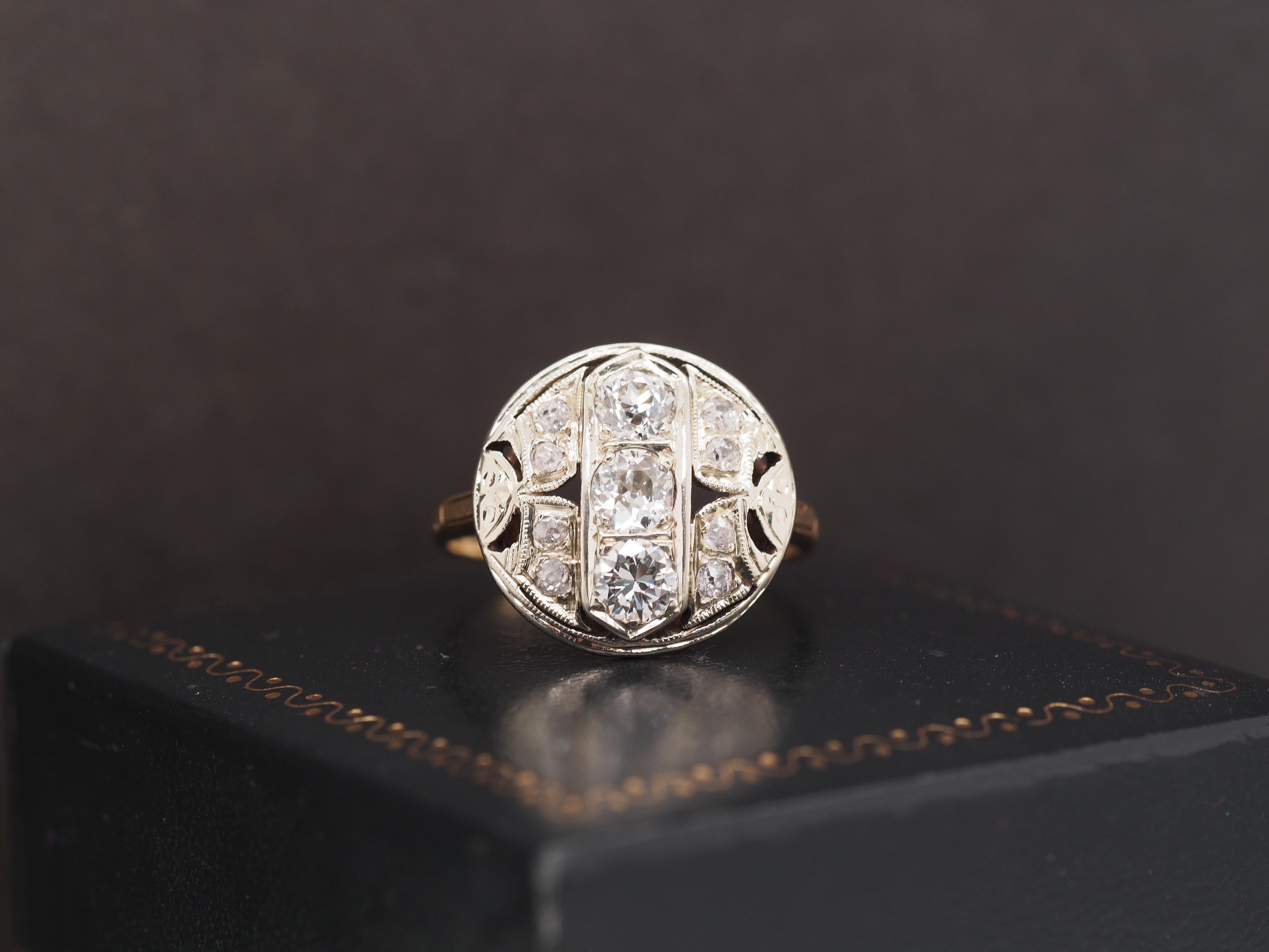 Year: 1920
Item Details:
Ring Size: 7.5
Metal Type: 14K Yellow Gold [Hallmarked, and Tested]
Weight: 3.3 grams
Diamond Details: Natural Diamonds Old Mine Cut 1.25cttw Color: H-I Clarity: VS/SI
Band Width: 1.5 mm
Condition: Excellent
Price: $1800