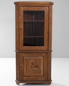 1920-1929 France Warm Honey Oak Carved Oak Vitrine Cabinet