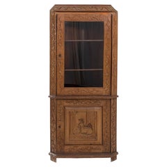 1920-1929 France Warm Honey Oak Carved Oak Vitrine Cabinet