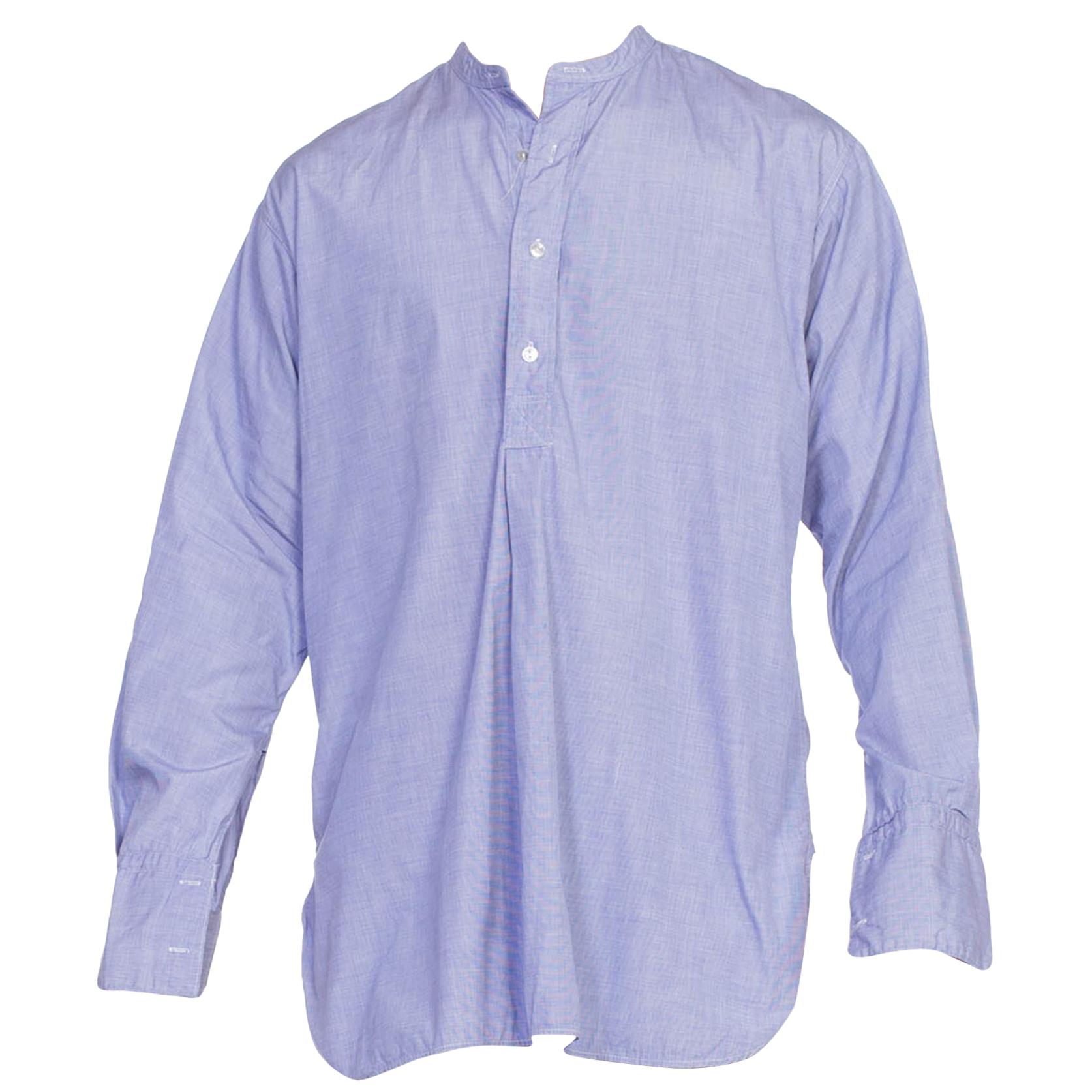 1940S Blue Organic Cotton Chambray Men's French Cuff Shirt For Sale