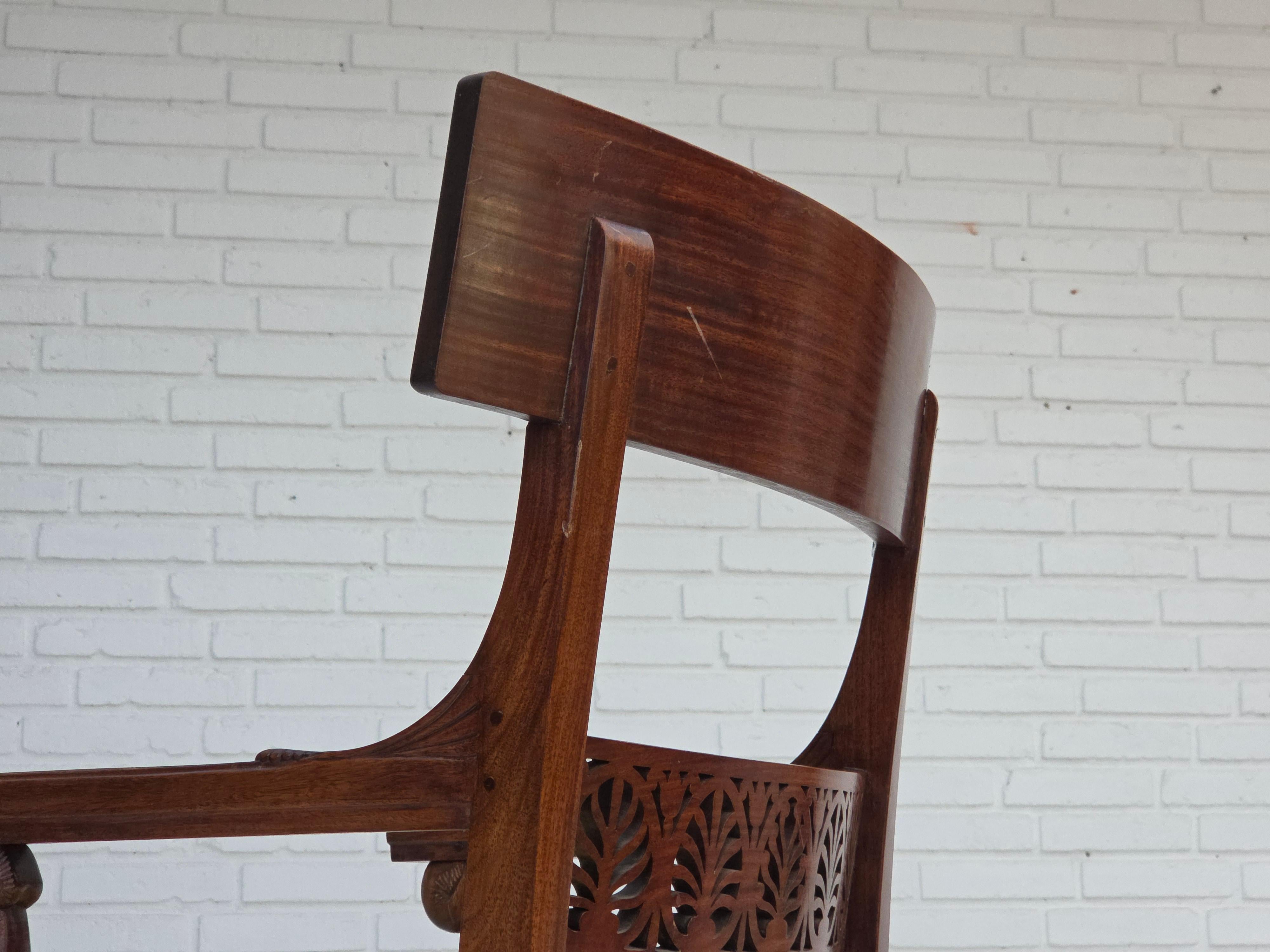 1920-30s, carved wood armchair, design after Georges Jacob, reupholstered. For Sale 9