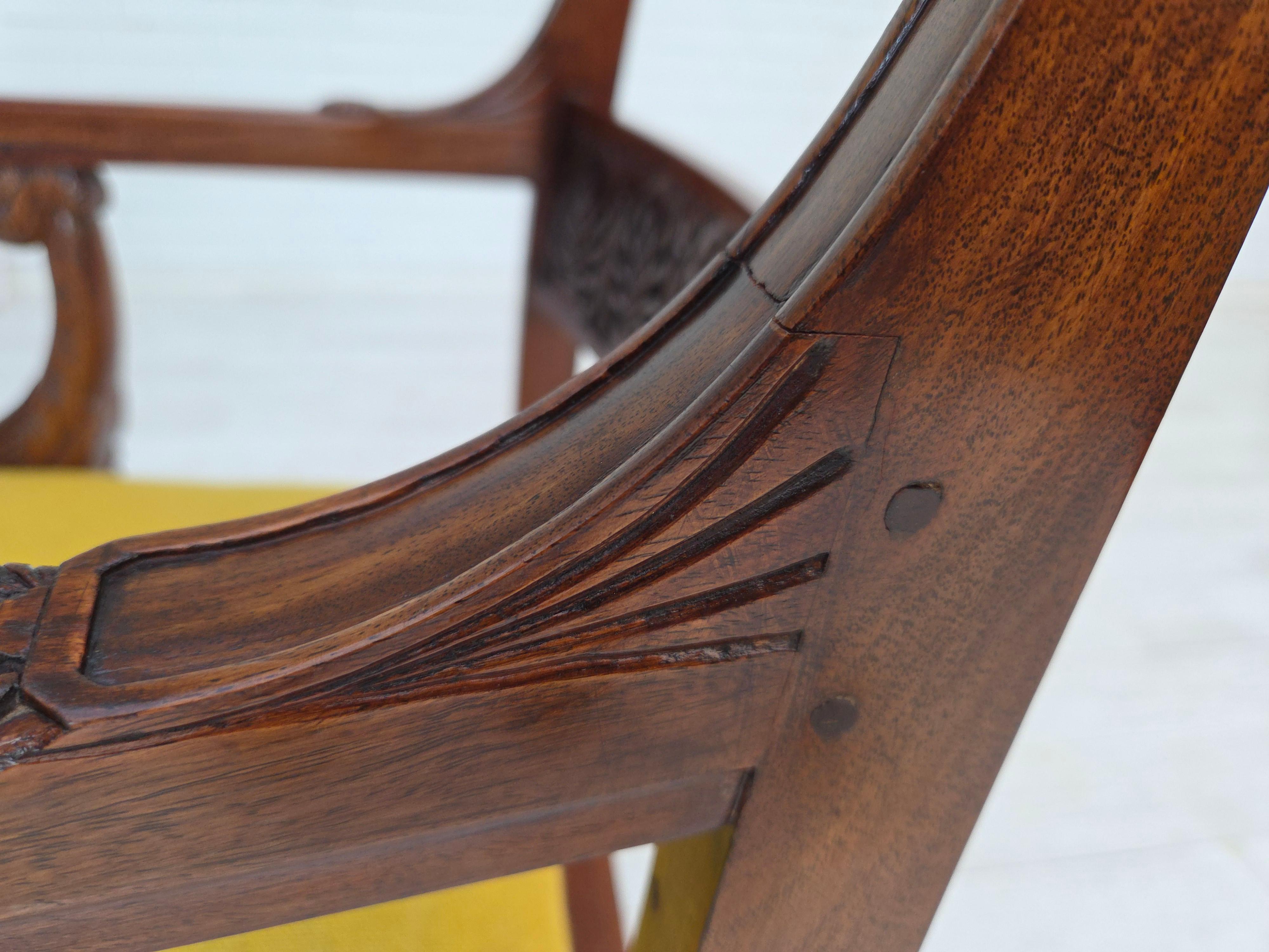 1920-30s, carved wood armchair, design after Georges Jacob, reupholstered. For Sale 11