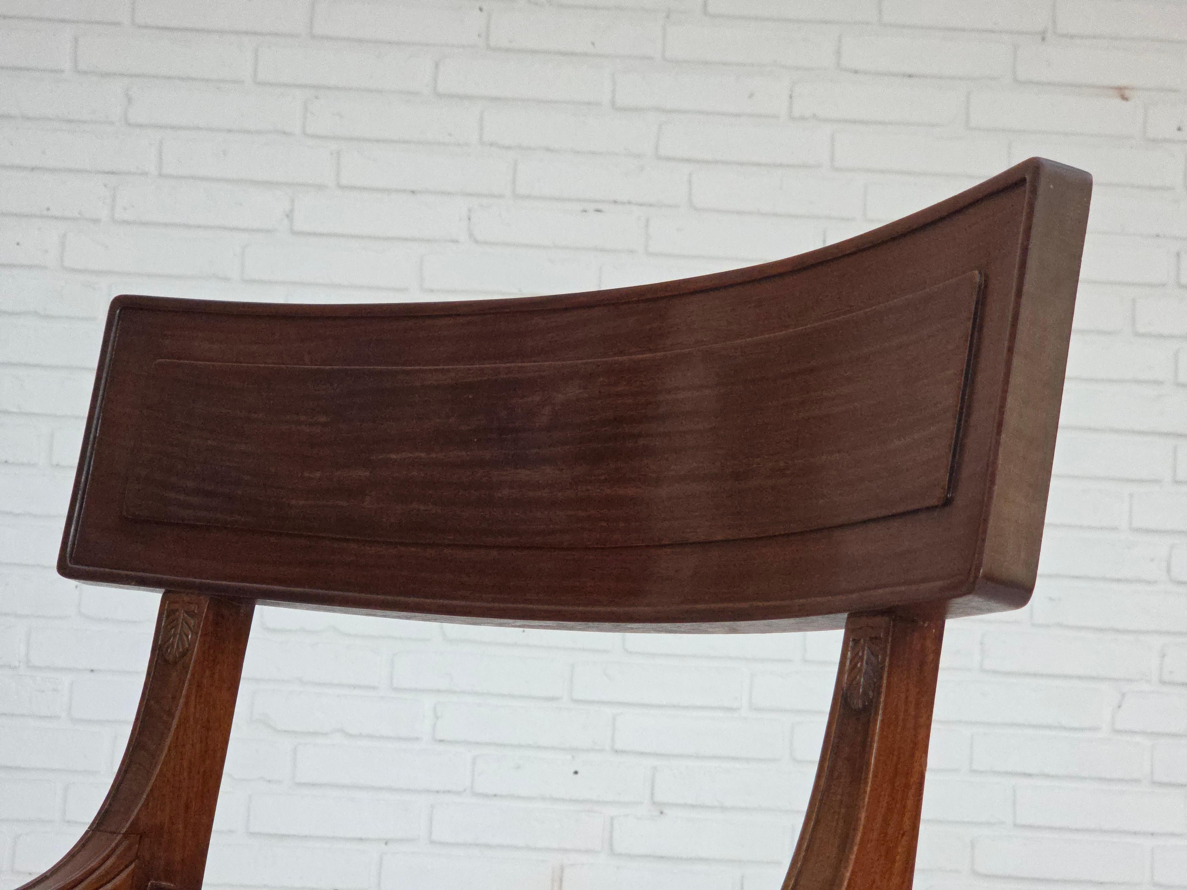 1920-30s, carved wood armchair, design after Georges Jacob, reupholstered. For Sale 12
