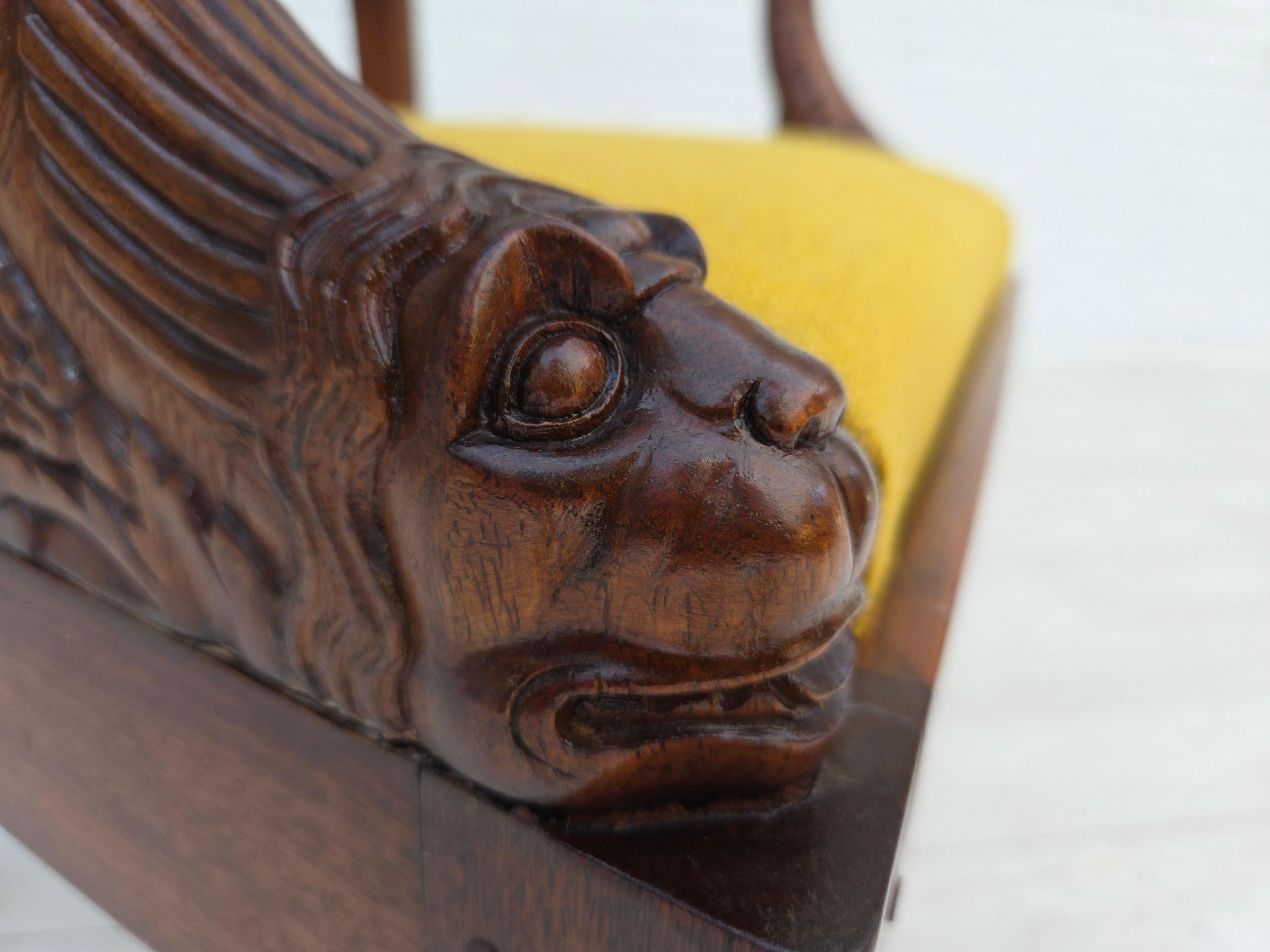 French 1920-30s, carved wood armchair, design after Georges Jacob, reupholstered. For Sale